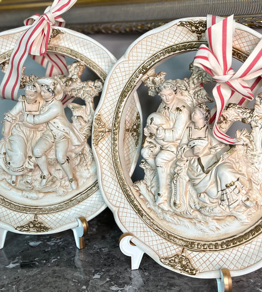 Romantic Pair of Mid Century Courting Couple Wall Plaques With French Ribbon Hangers