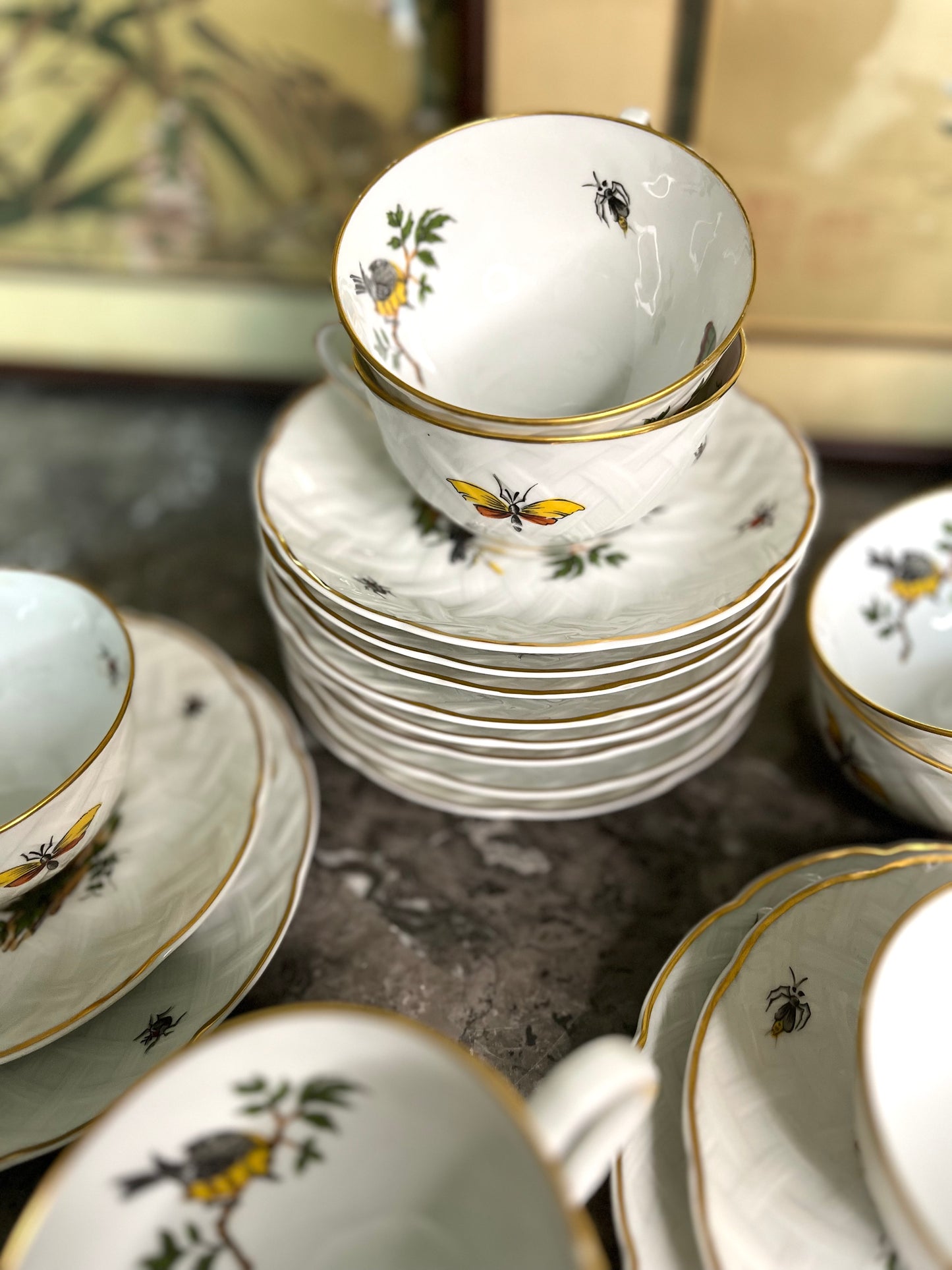 Exquisite Extremely Rare Vintage L. Bernardaud Limoges “Virginie” Birds and Bugs Porcelain Dessert Set - 10 Small Plates/10 Teacups/10 Saucers