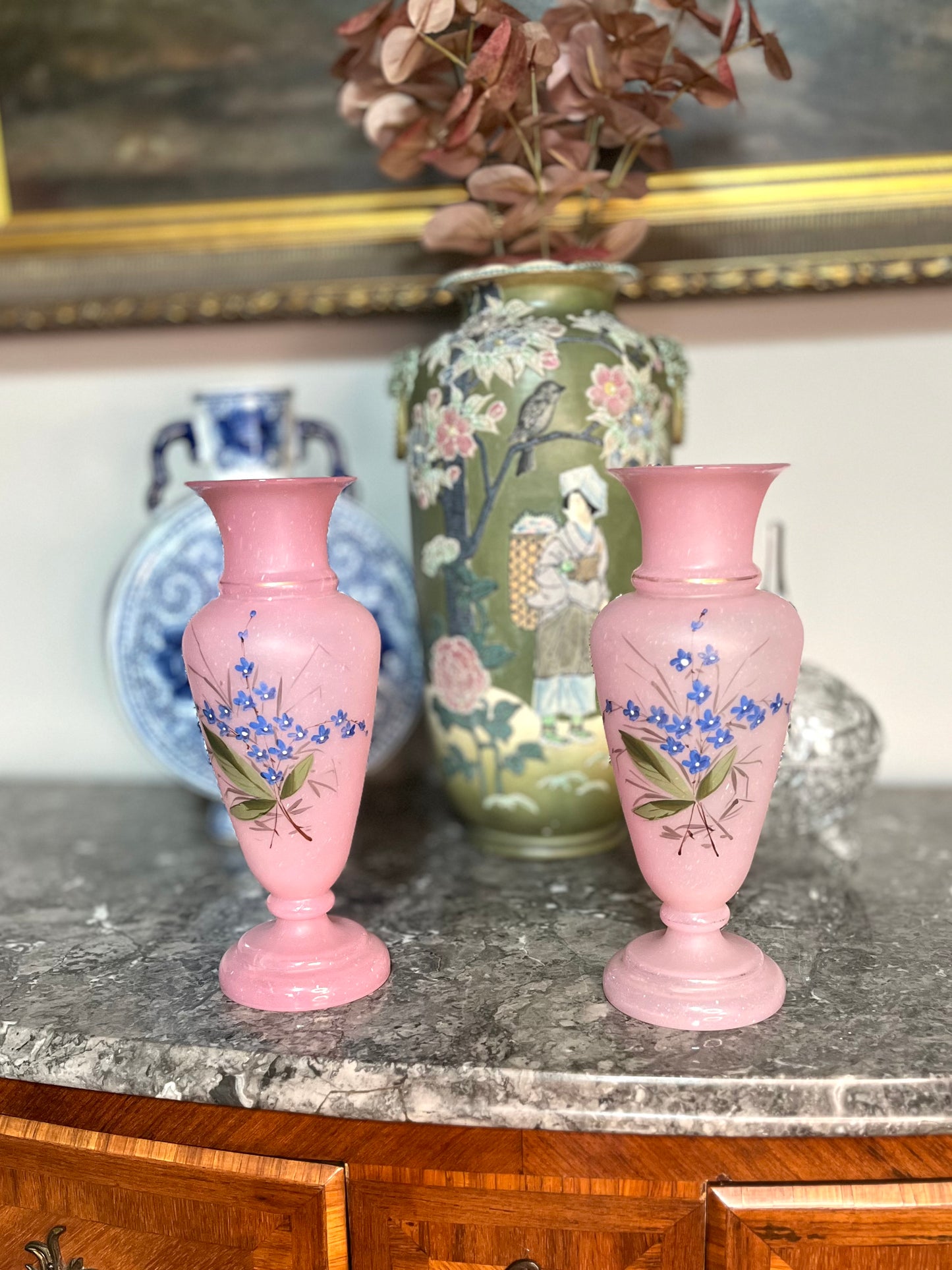 Reserved Stacy Live 9/15 - Antique 1800’s One Of A Kind Pair Signed Hand Painted-Forget Me Nots- Pink Bristol Glass Vases