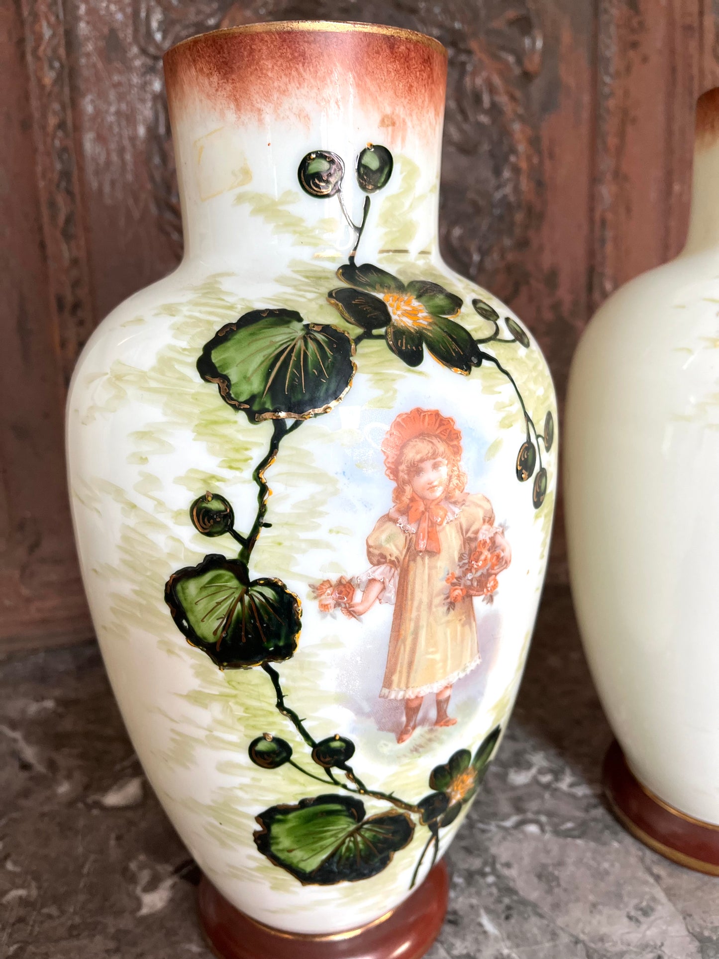 Antique Pair Of Victorian French Hand Blown Glass Vases With Girl And Boy Figural Scenes And Hand Painting