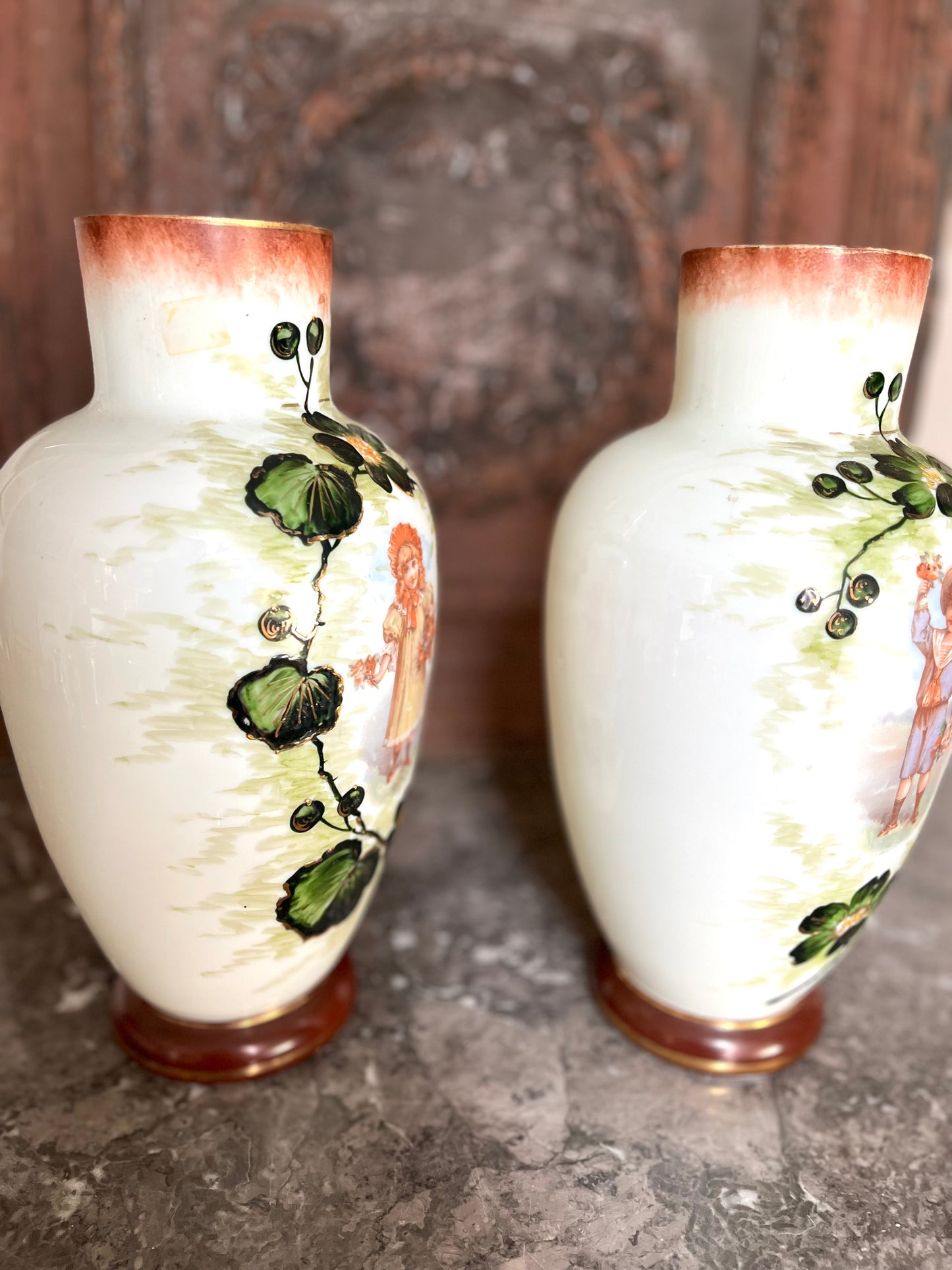 Antique Pair Of Victorian French Hand Blown Glass Vases With Girl And Boy Figural Scenes And Hand Painting