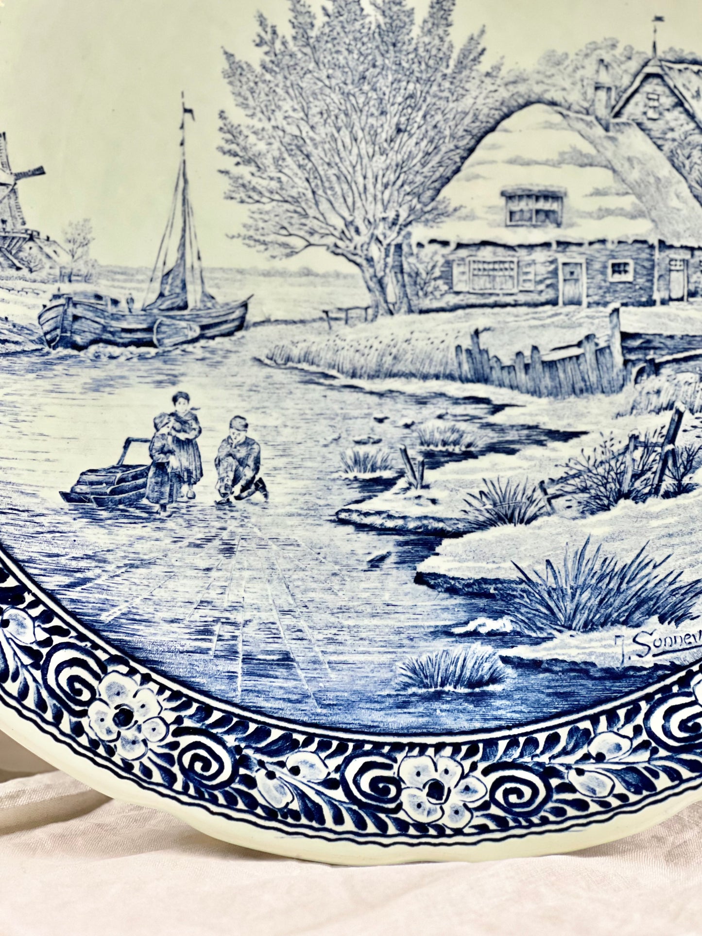 Large Vintage Delfts Boch Royal Sphinx 15” Blue & White Wall Charger, Wintry River Scene