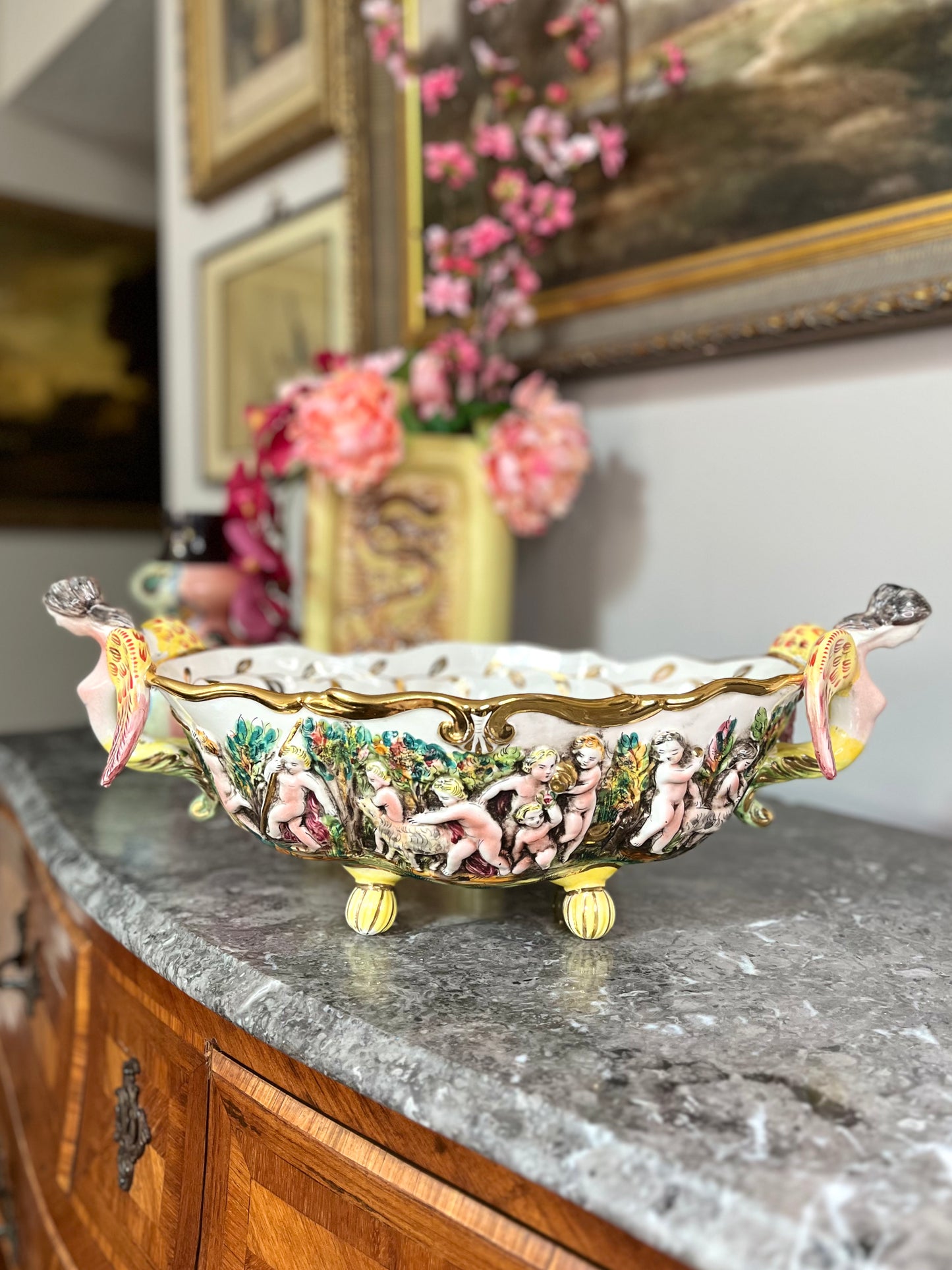 Beautiful Large Vintage Capodimonte Hand Painted Italian Planter With Relief Children and Lambs