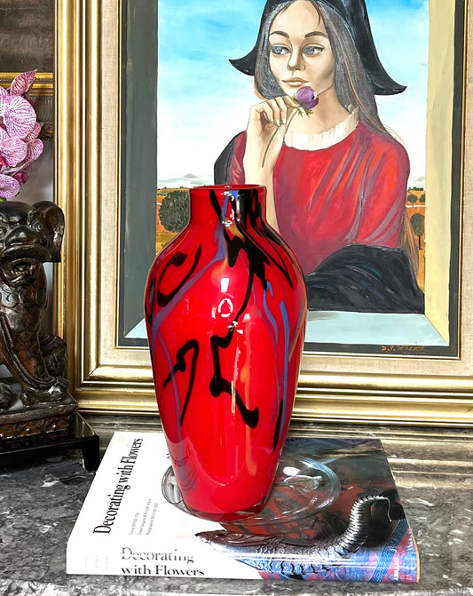 Vibrant Vintage Chinese Inspired Abstract Hand Blown Heavy Art Glass Vase