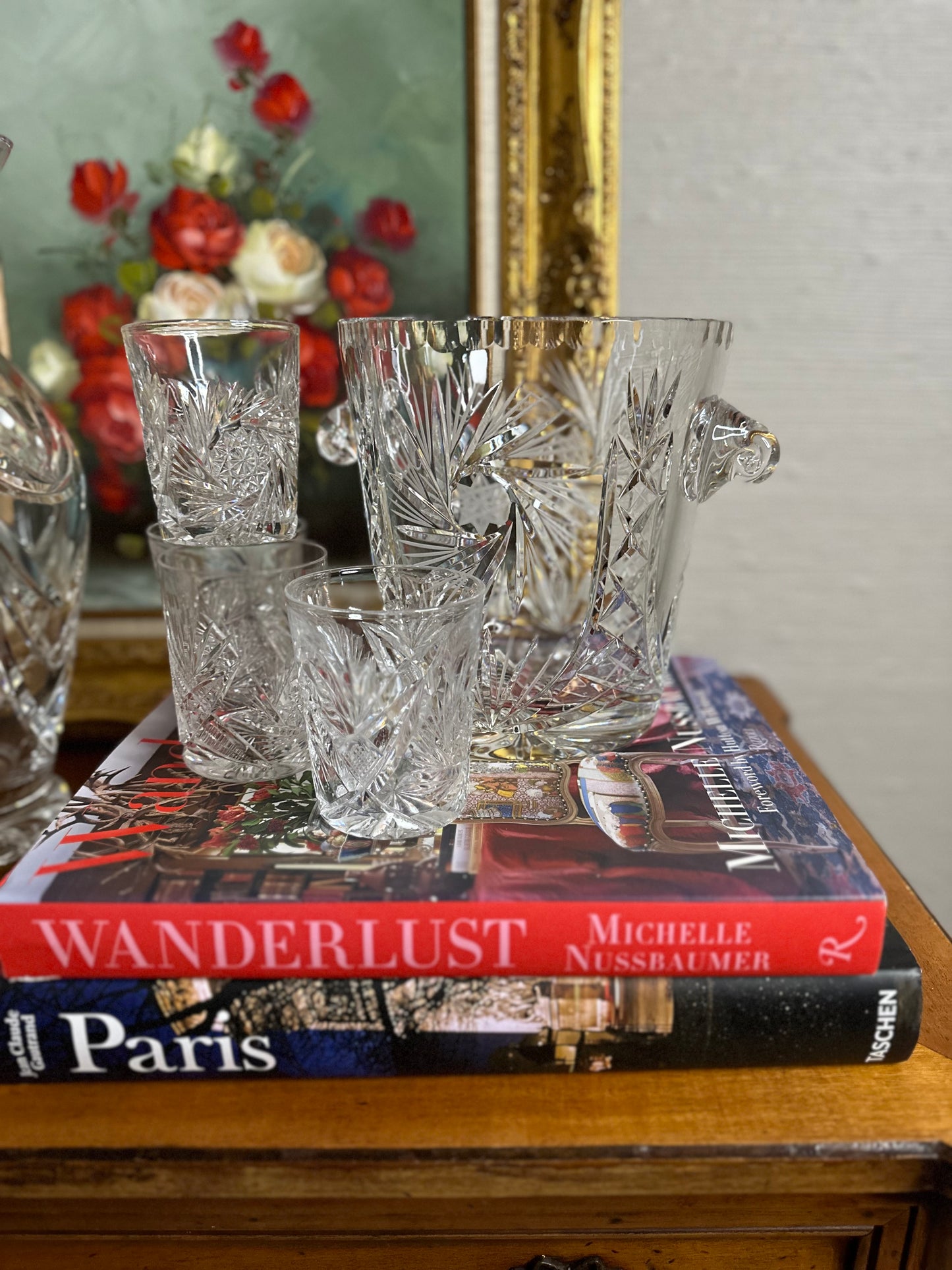 PRISTINE! Very Heavy Crystal Champagne/Ice Bucket with matching set of 4 Whiskey Tumblers (American Brilliant?)