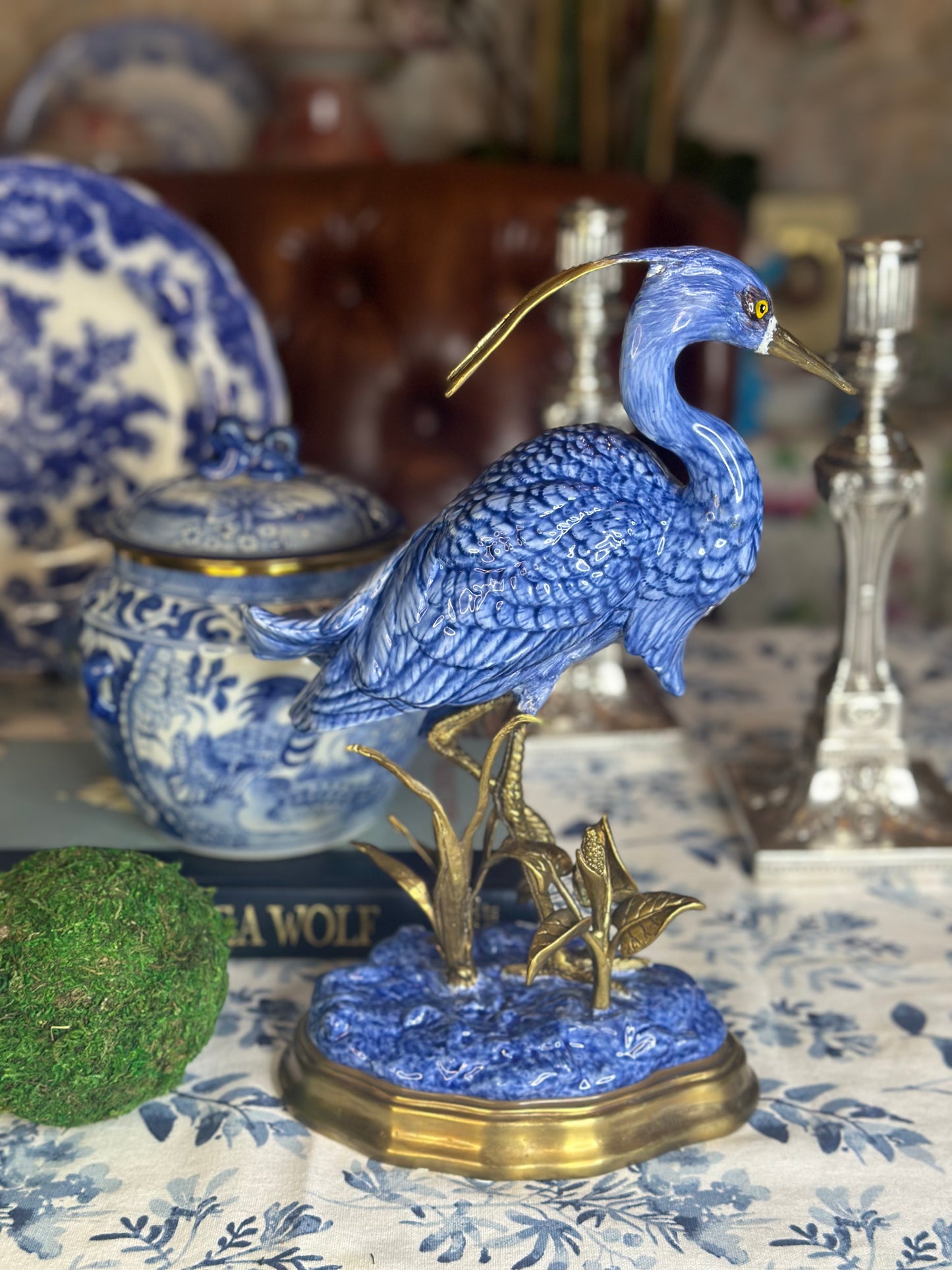 12” Blue & White Porcelain & Bronze Crane Figure on base