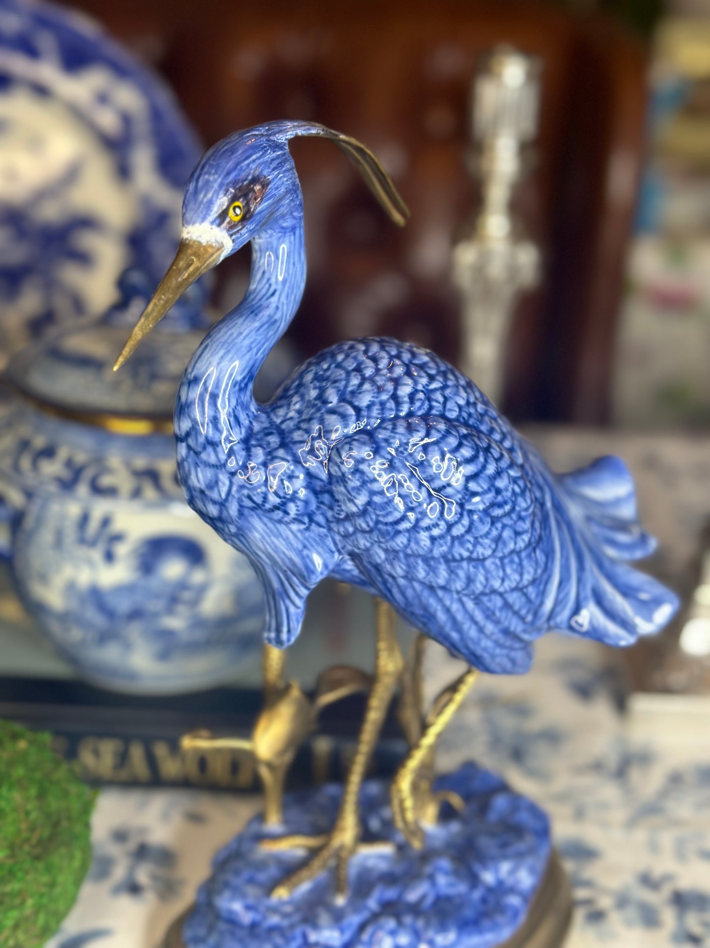 12” Blue & White Porcelain & Bronze Crane Figure on base