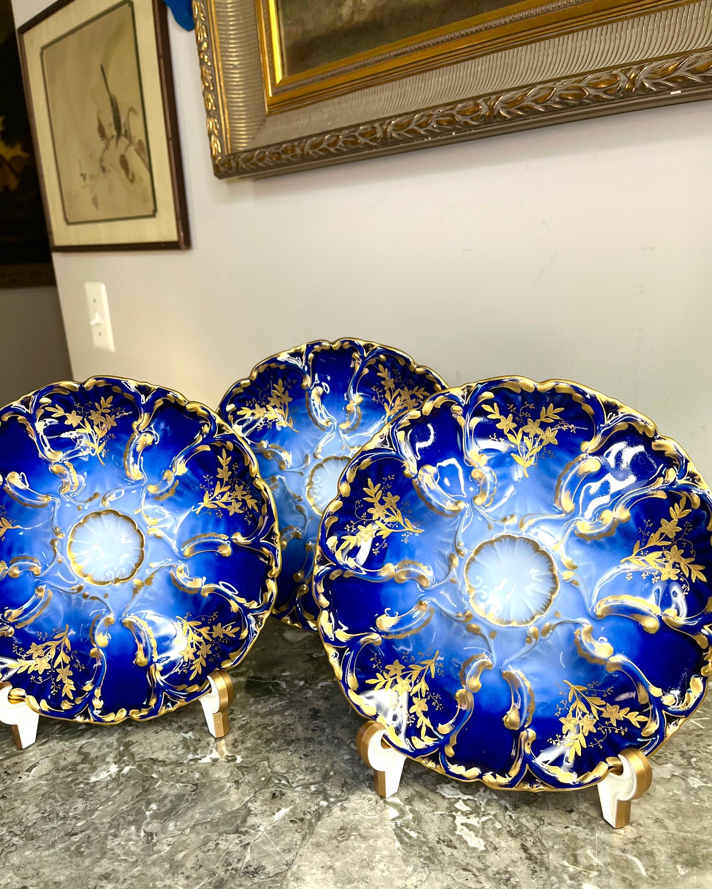 Rare Antique Limoges Cobalt And Gilded 1890-1926 Stunning Oyster Plates