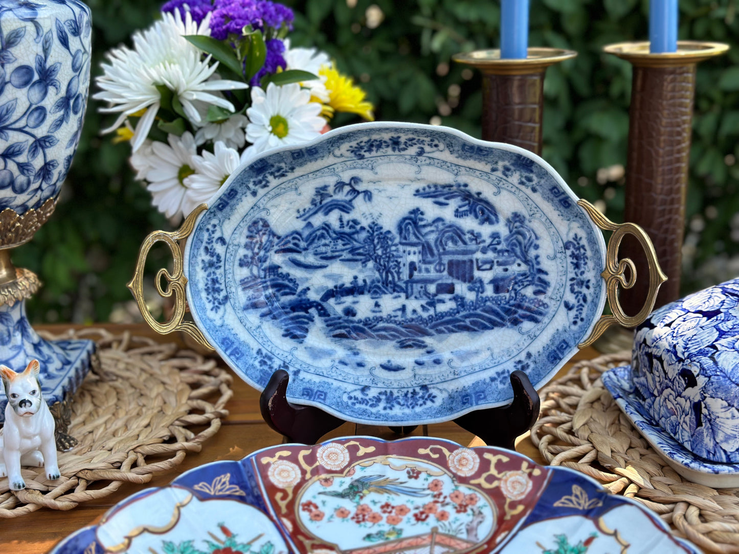 Blue and White Pagoda, Bronze detailed platter - 13L X 8W X 1.5H