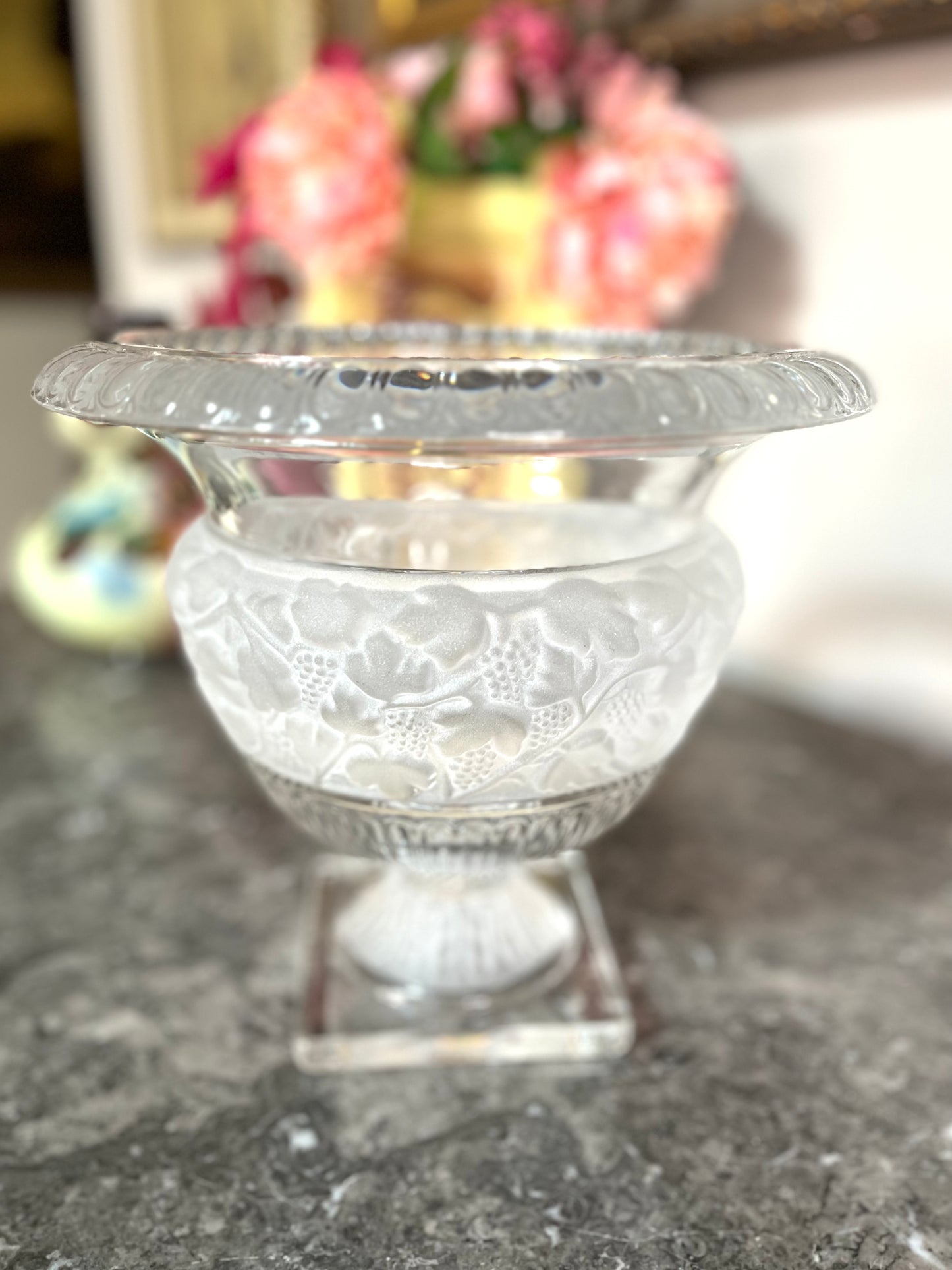 Elegant Large Vintage Irish Crystal Frost And Clear Banded Pedestal Bowl/Compote