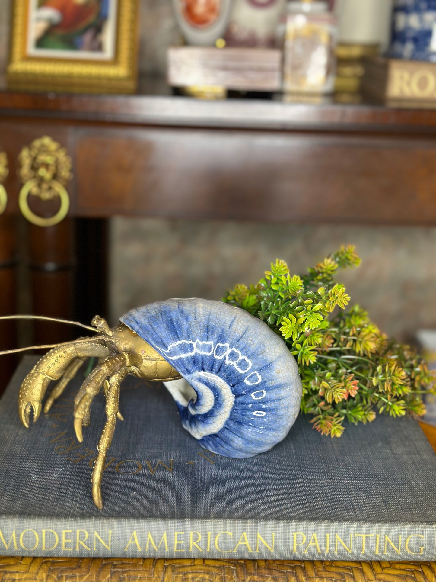 9L X 7W X 5H PORCELAIN & BRONZE Crab In Blue & White Porcelain Shell