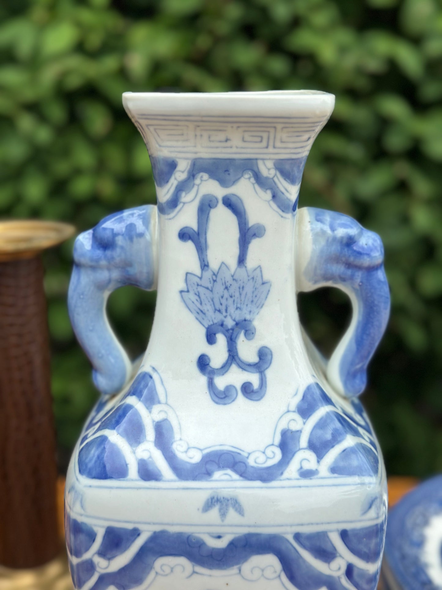 Blue & White, 13” Tall Vase, Foo Handles - Pristine!