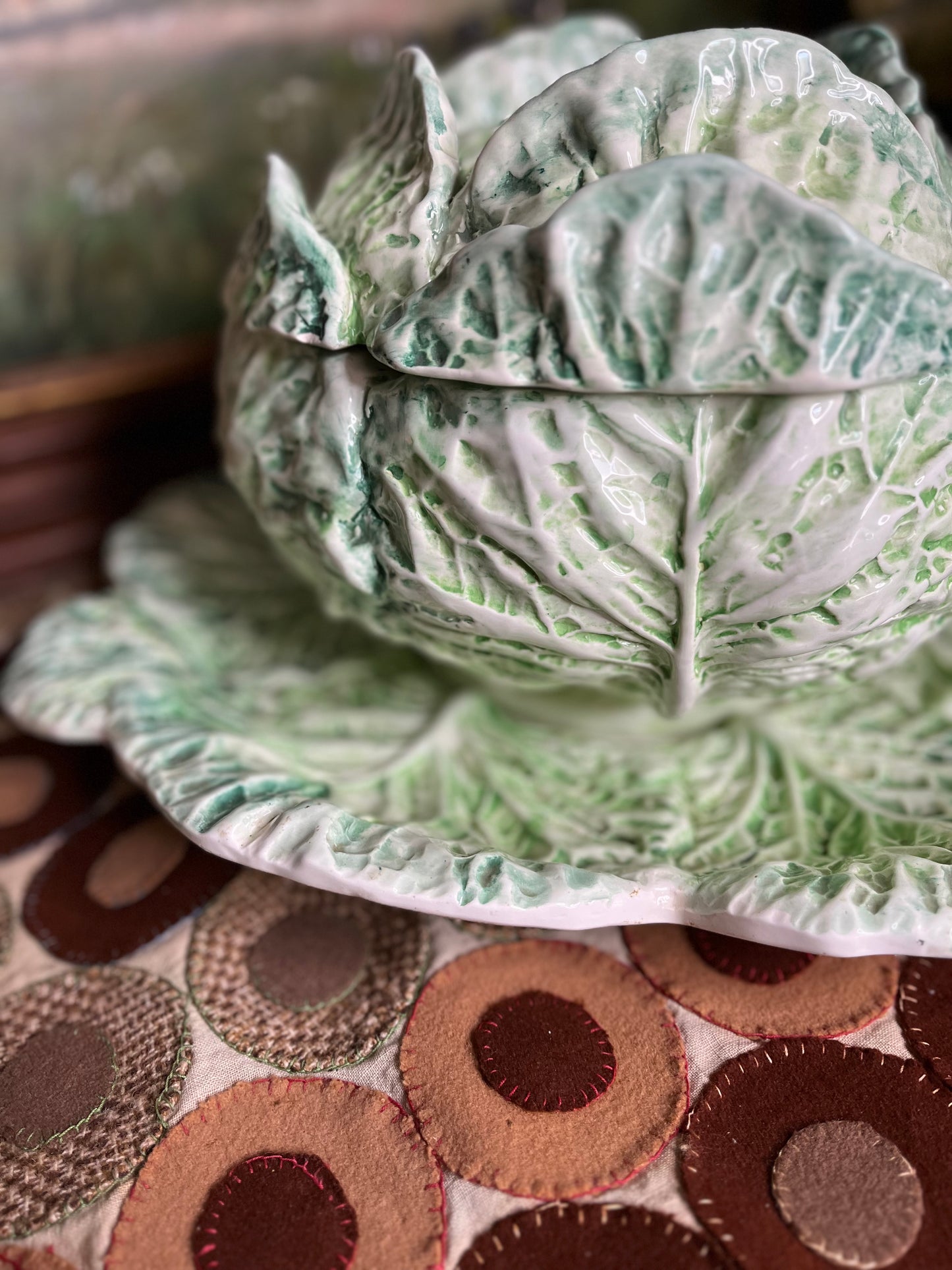 Amazing Hand Painted Large Vintage Italian Cabbageware Tureen And Under Plate