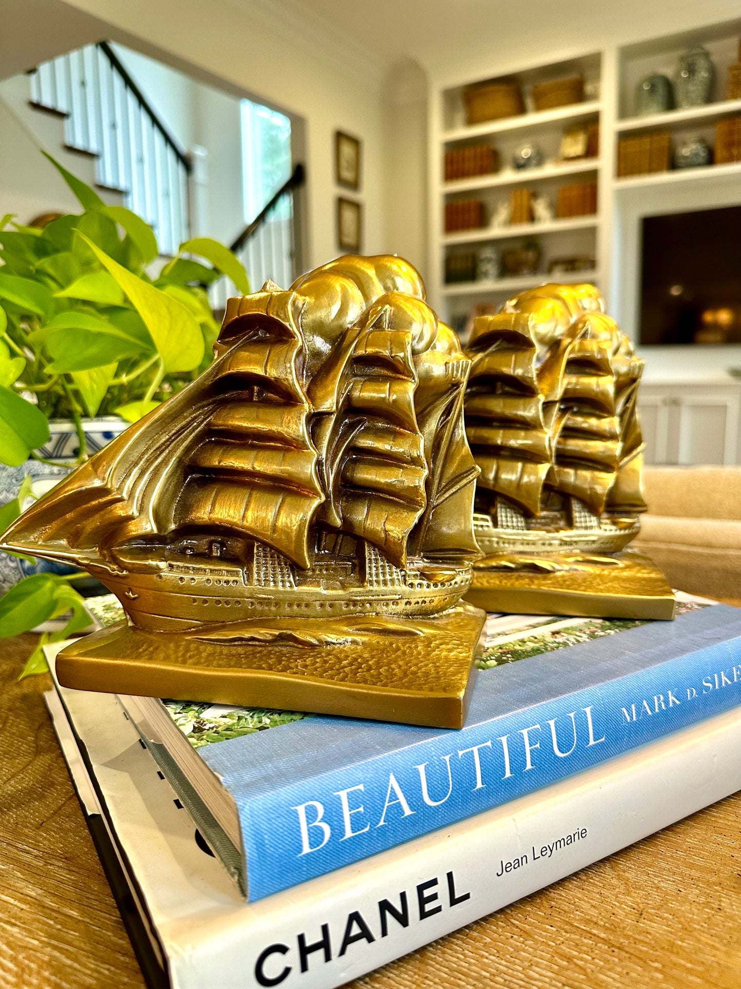 For Joey- Pair of Vintage Brass Clipper Ship Bookends & Pair Sconces wheat from story sale