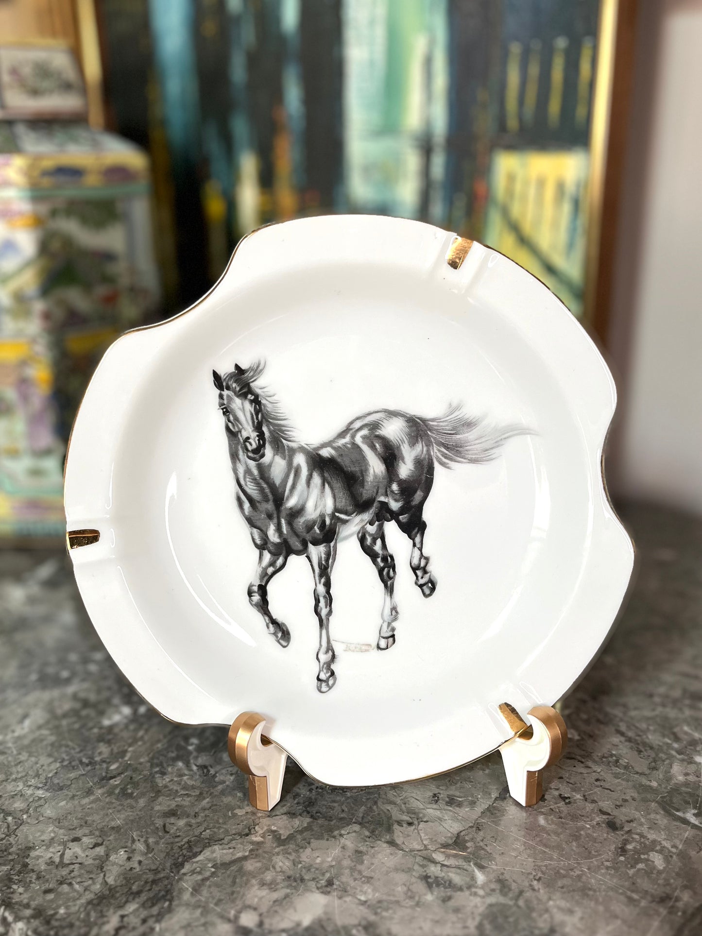 Fantastic Vintage MCM Signed Hand Painted Gilded Stallion Ashtray