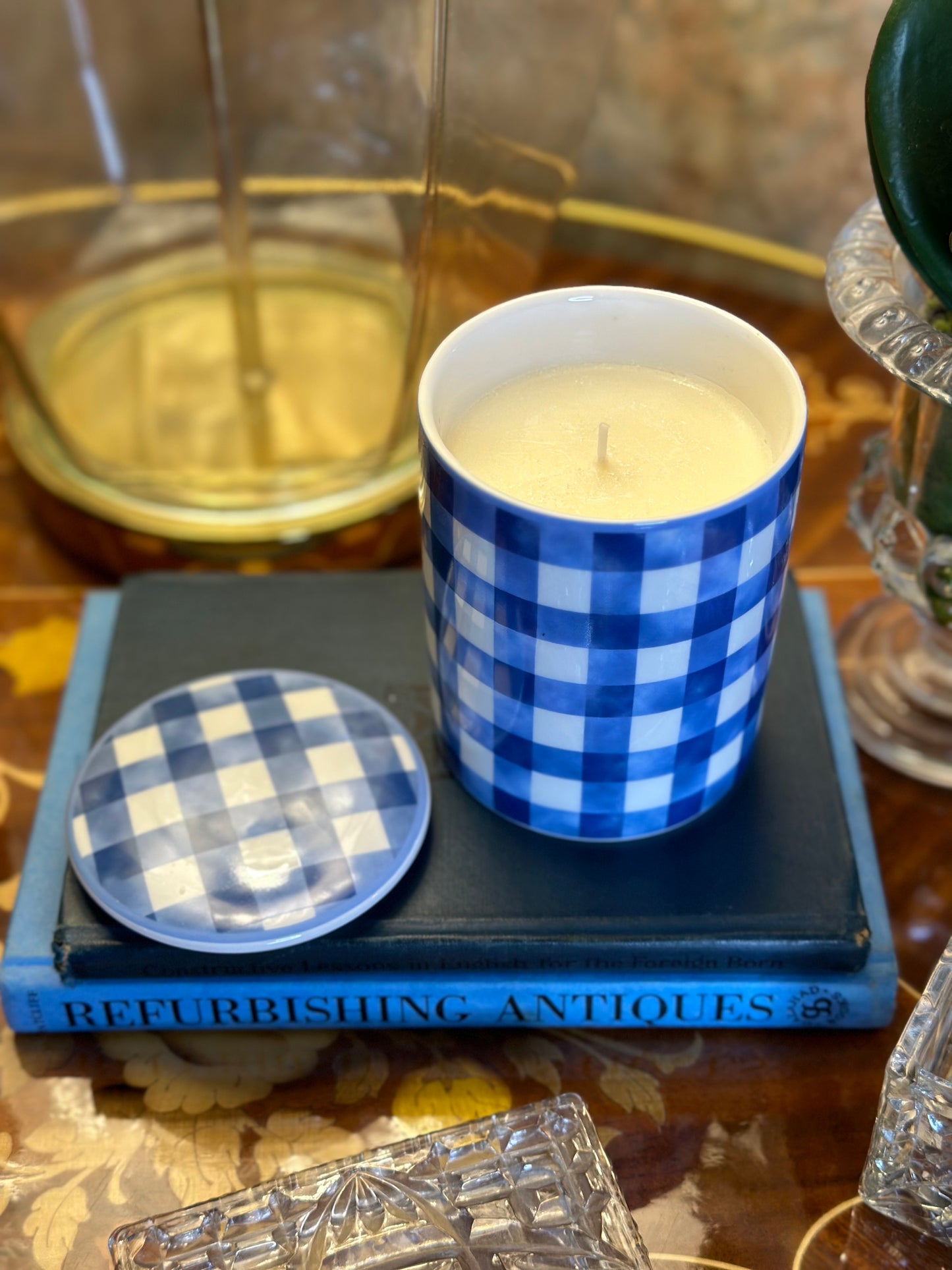 Blue & White Porcelain Gingham Plaid, 10 oz. Soy Wax Candle