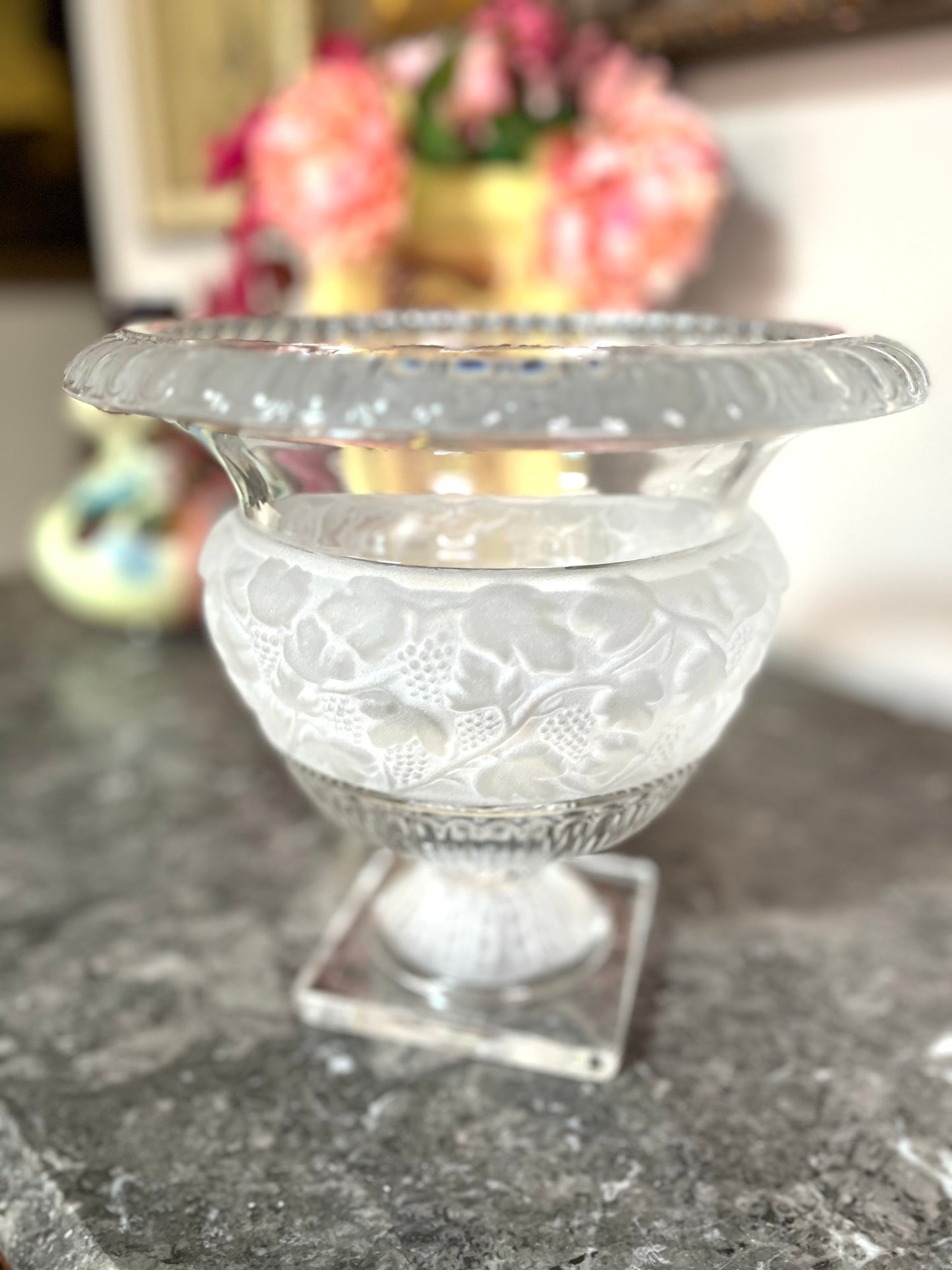 Elegant Large Vintage Irish Crystal Frost And Clear Banded Pedestal Bowl/Compote