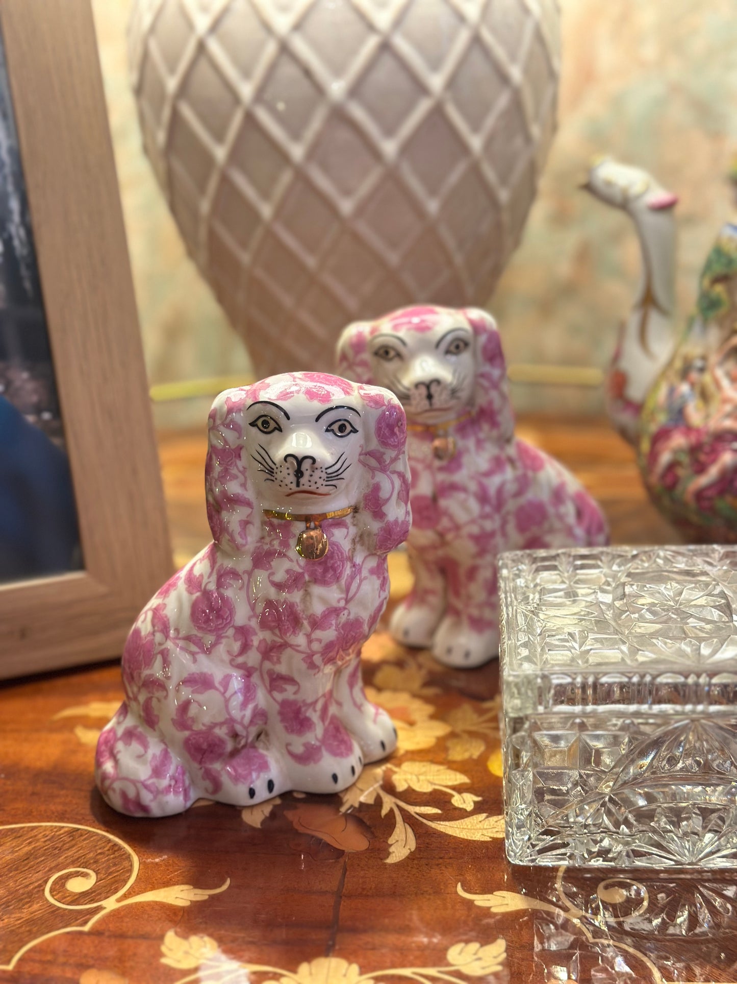 NEW Pink & White Floral, 6” Tall Mantle Spaniel Dog Pair