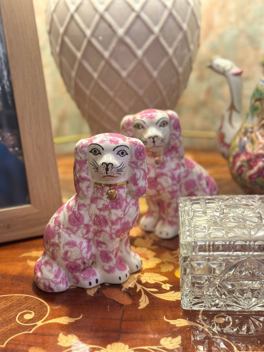 NEW Pink & White Floral, 6” Tall Mantle Spaniel Dog Pair