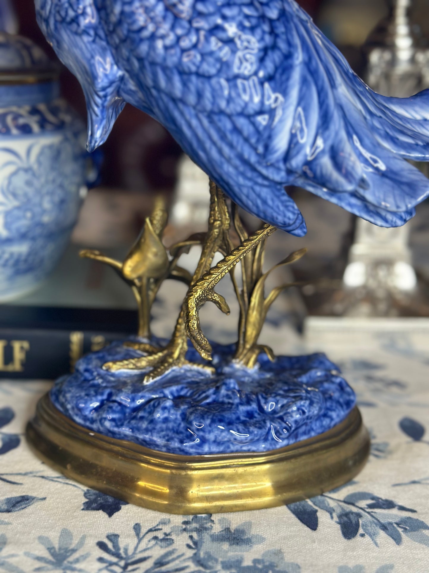 12” Blue & White Porcelain & Bronze Crane Figure on base