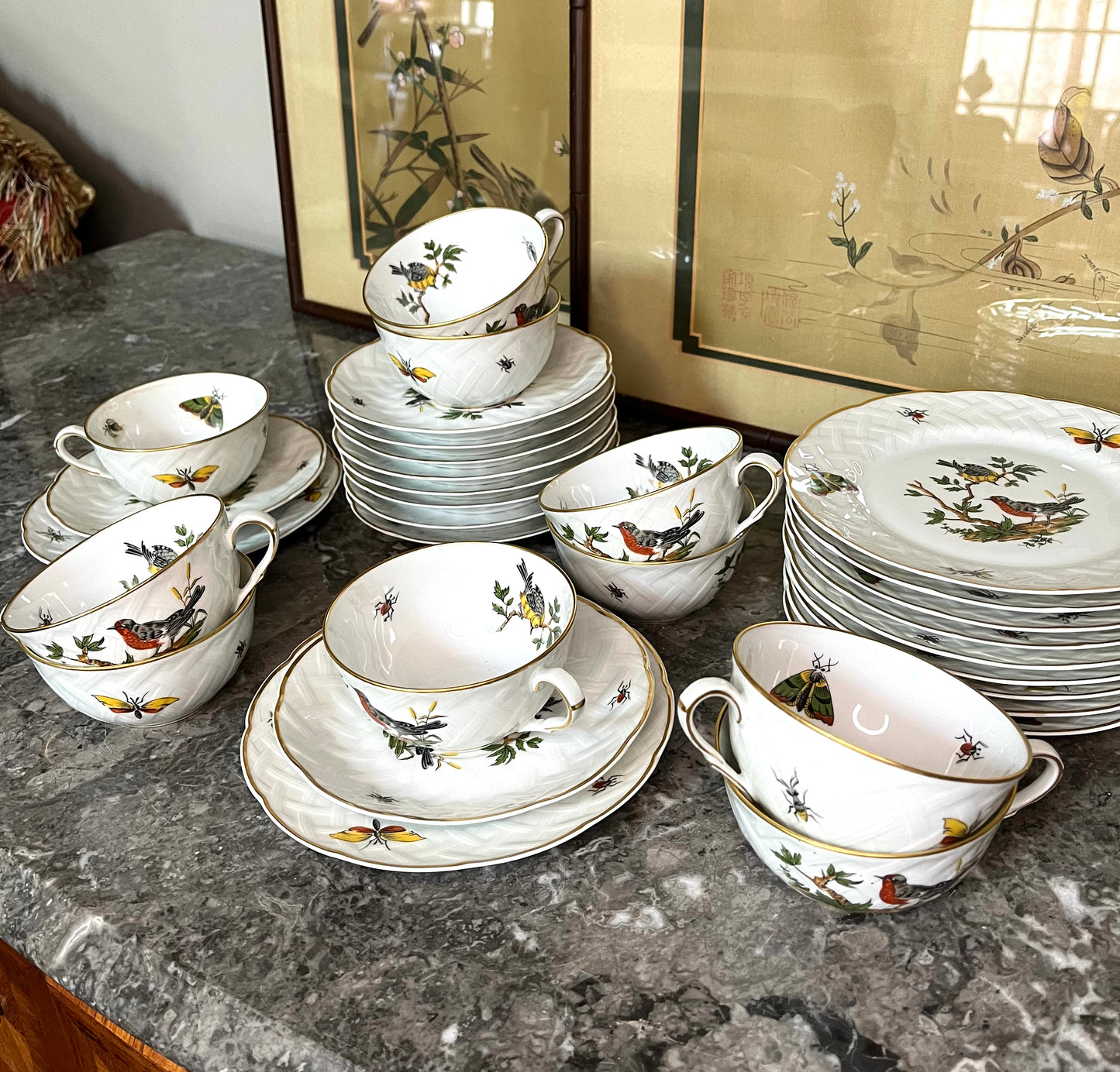 Exquisite Extremely Rare Vintage L. Bernardaud Limoges “Virginie” Birds and Bugs Porcelain Dessert Set - 10 Small Plates/10 Teacups/10 Saucers