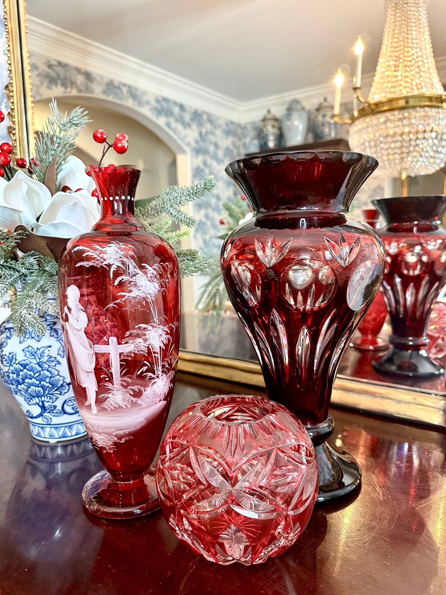 Reserved for Theresa-Ruby red crystal vase, cranberry Mary Gregory vase