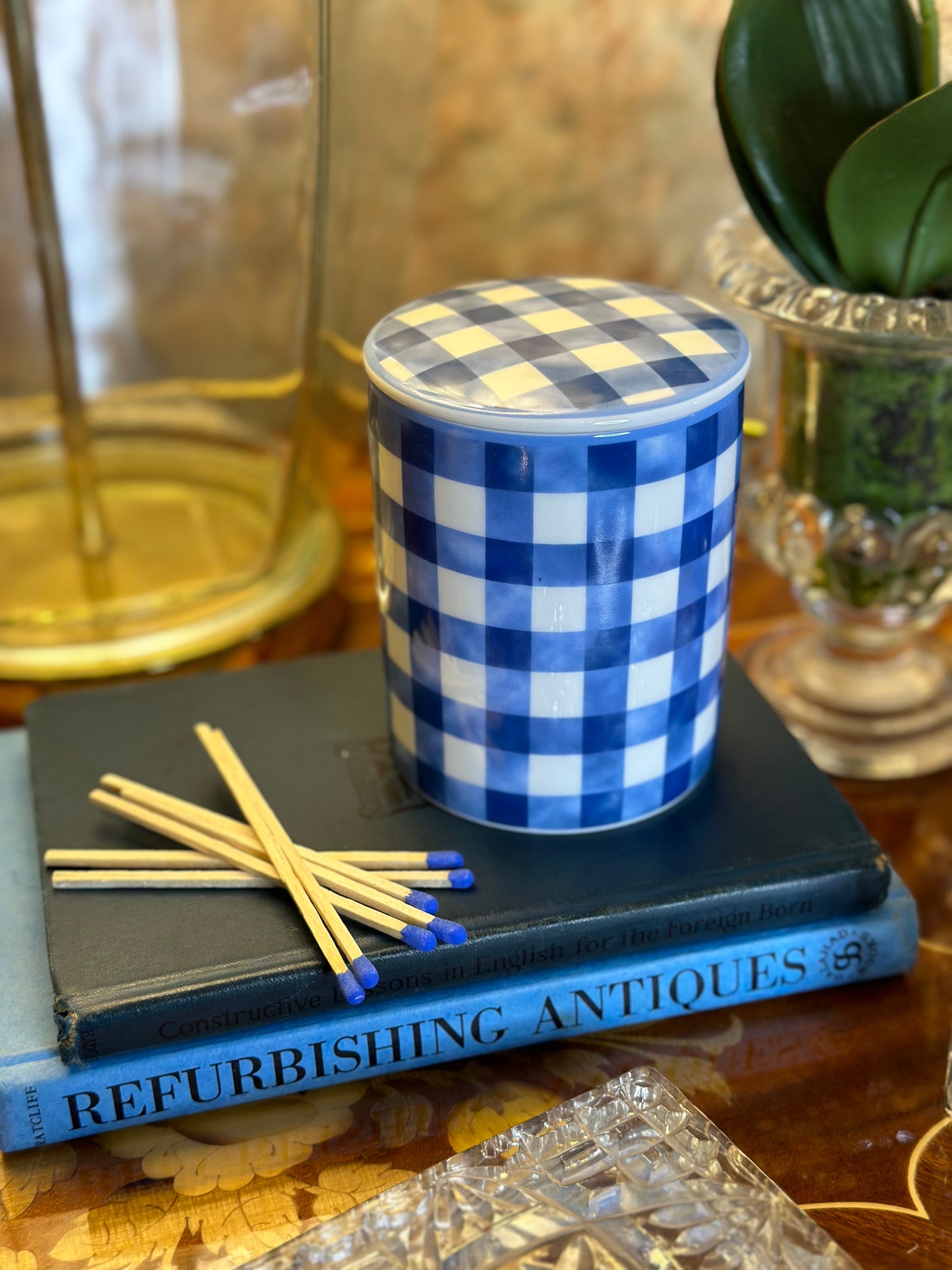 Blue & White Porcelain Gingham Plaid, 10 oz. Soy Wax Candle