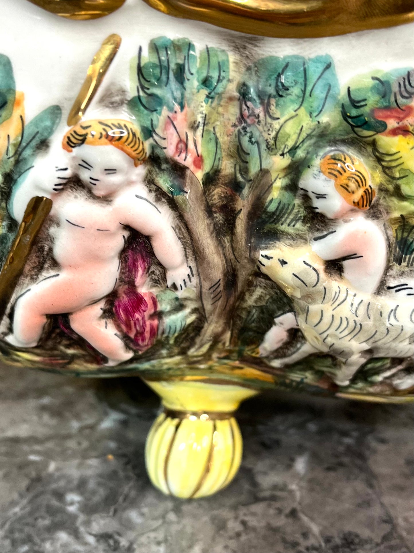 Beautiful Large Vintage Capodimonte Hand Painted Italian Planter With Relief Children and Lambs