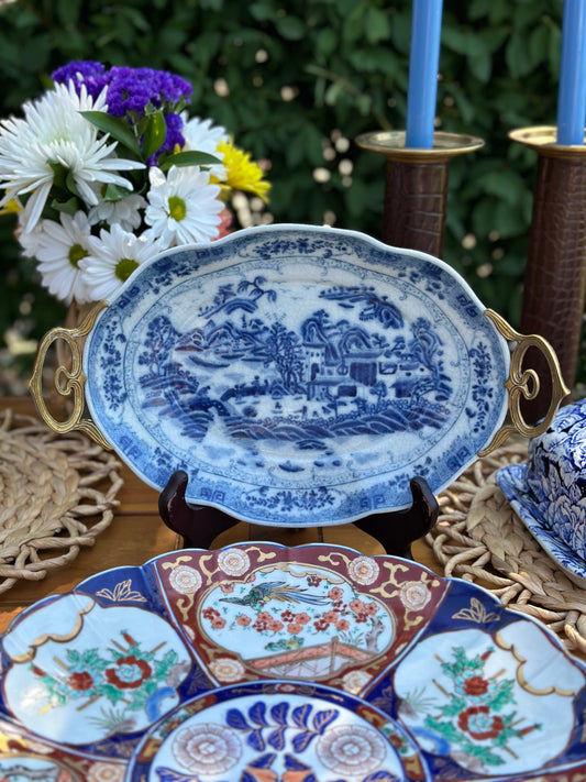 Blue and White Pagoda, Bronze detailed platter - 13L X 8W X 1.5H