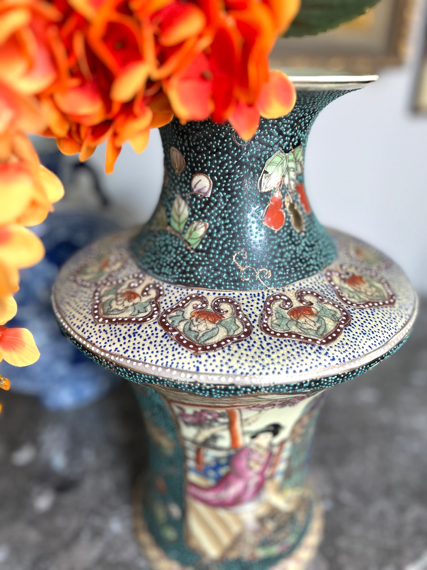 Beautiful Vintage Royal Peacock Green Satsuma Geisha Vase