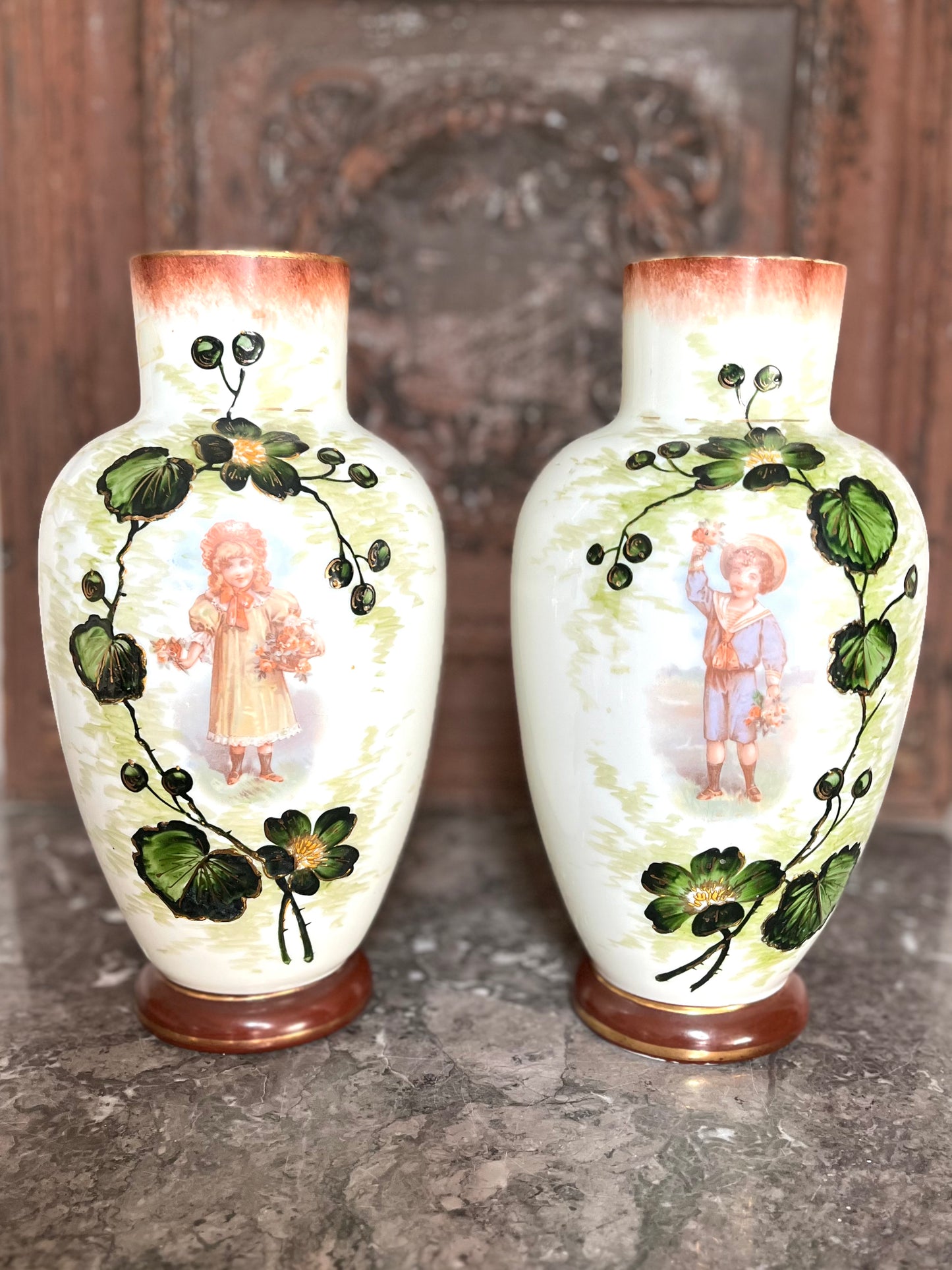 Antique Pair Of Victorian French Hand Blown Glass Vases With Girl And Boy Figural Scenes And Hand Painting