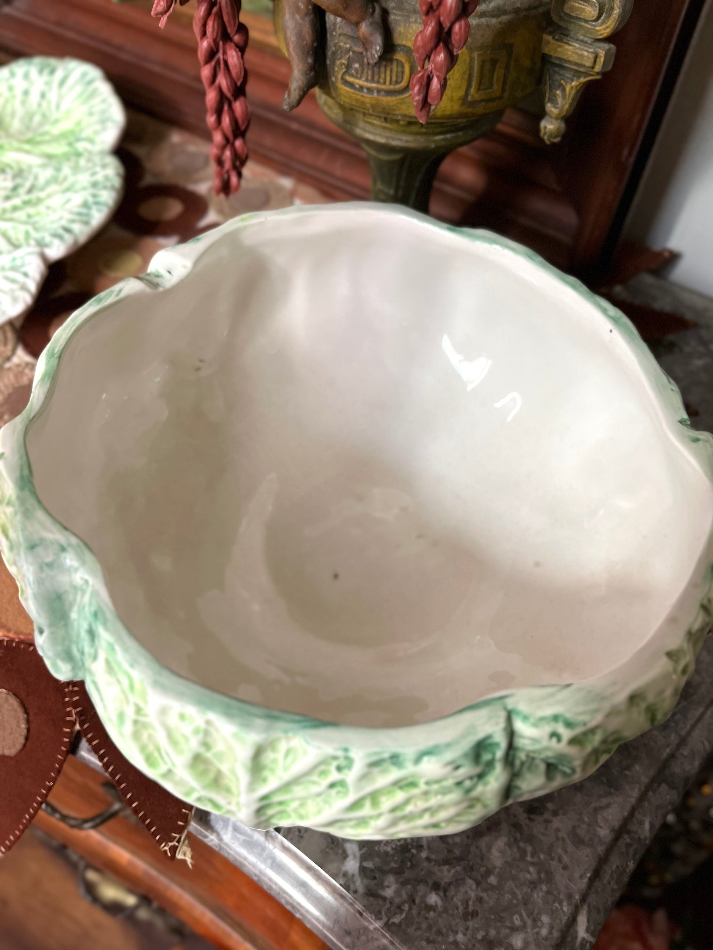 Amazing Hand Painted Large Vintage Italian Cabbageware Tureen And Under Plate