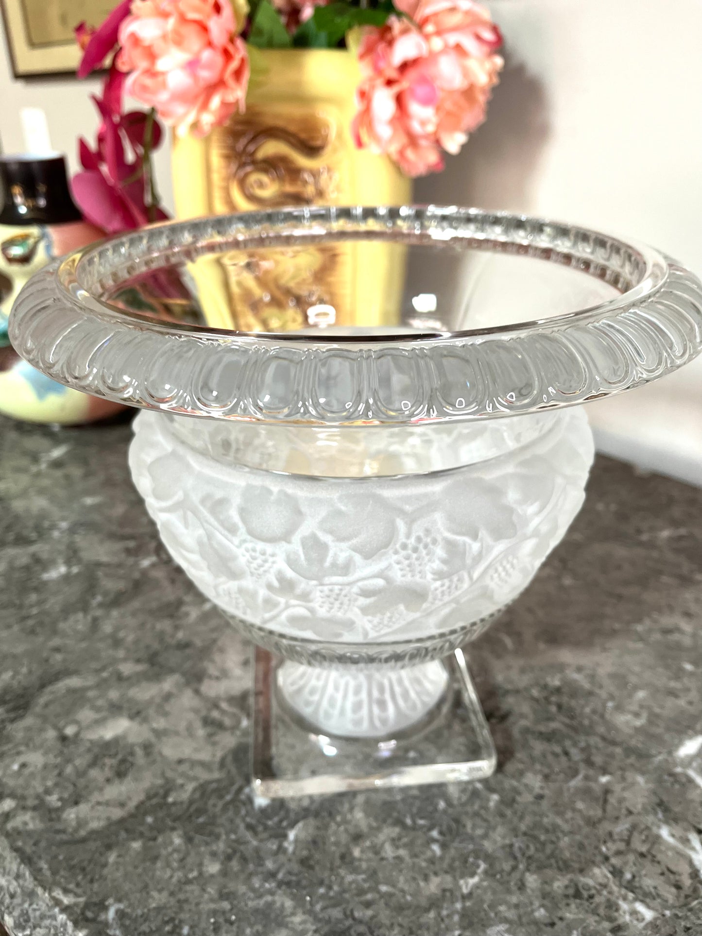 Elegant Large Vintage Irish Crystal Frost And Clear Banded Pedestal Bowl/Compote