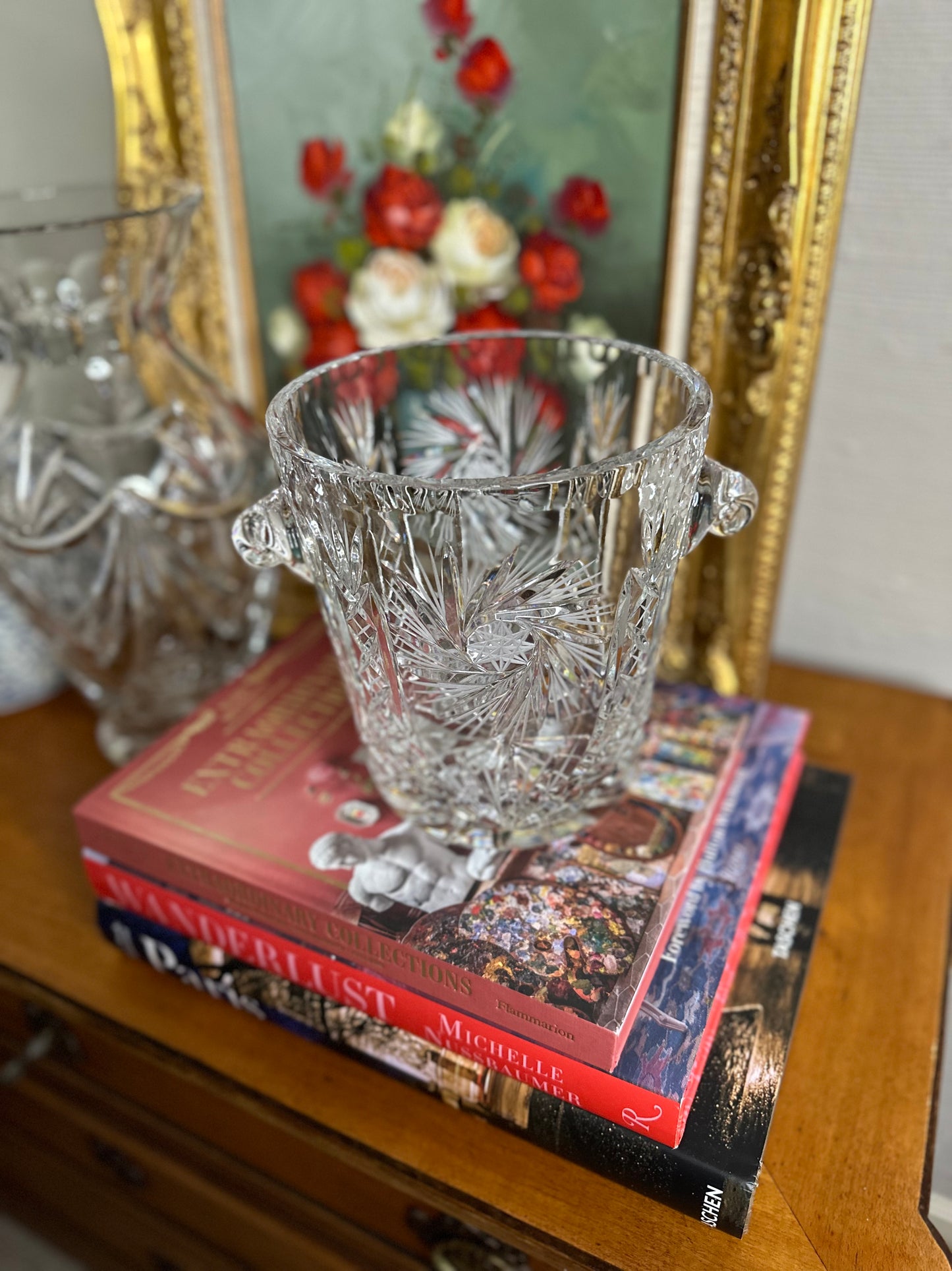 PRISTINE! Very Heavy Crystal Champagne/Ice Bucket with matching set of 4 Whiskey Tumblers (American Brilliant?)
