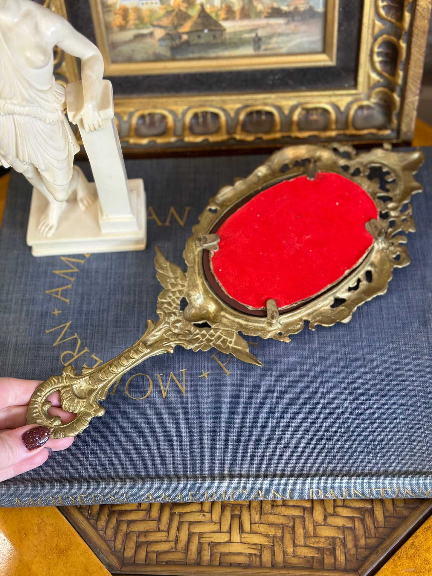 Antique Brass Cherub Hand Mirror, 14" Long