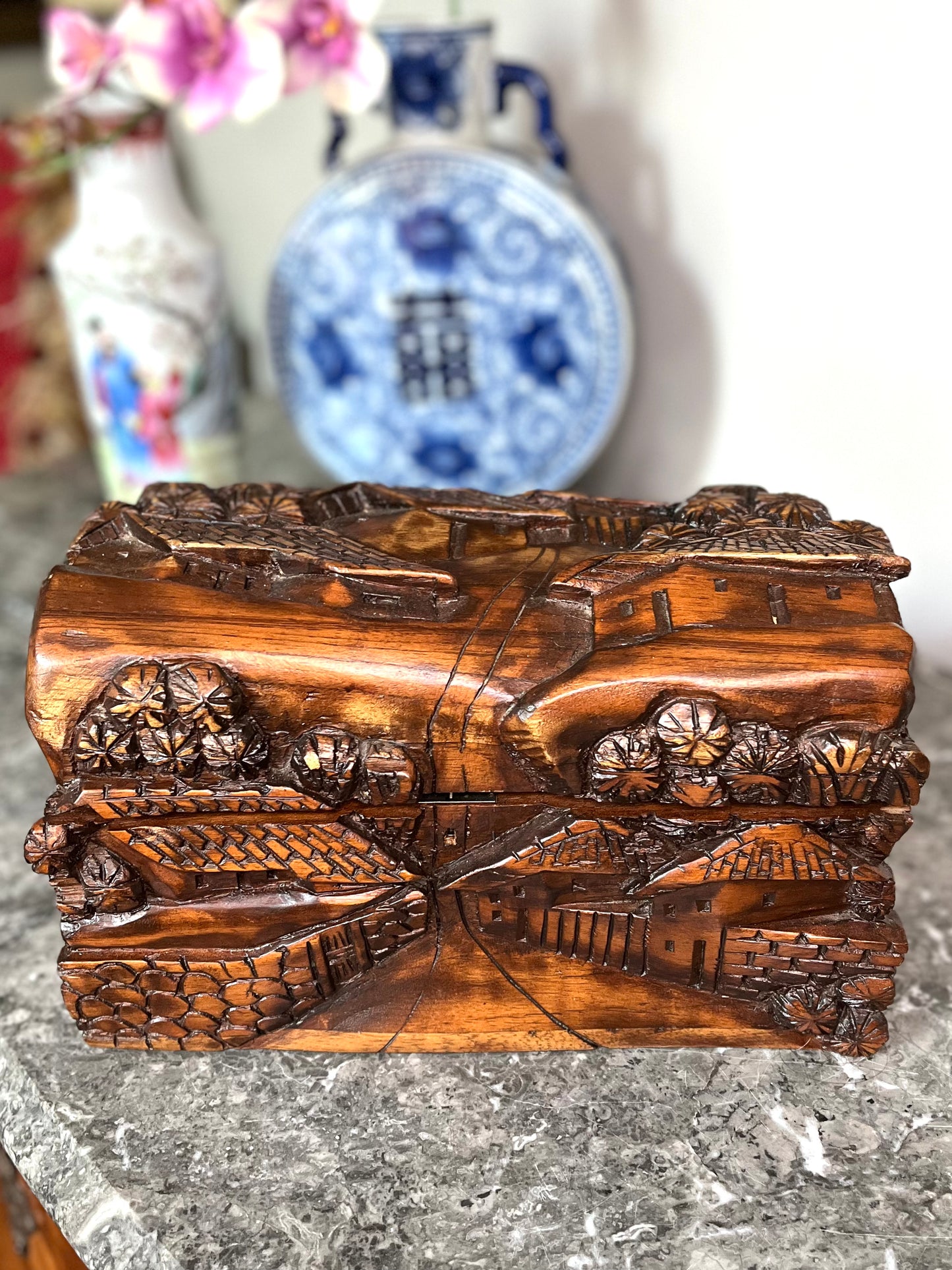 Unique Vintage Hand Carved Mahogany Asian Solid Wood Box