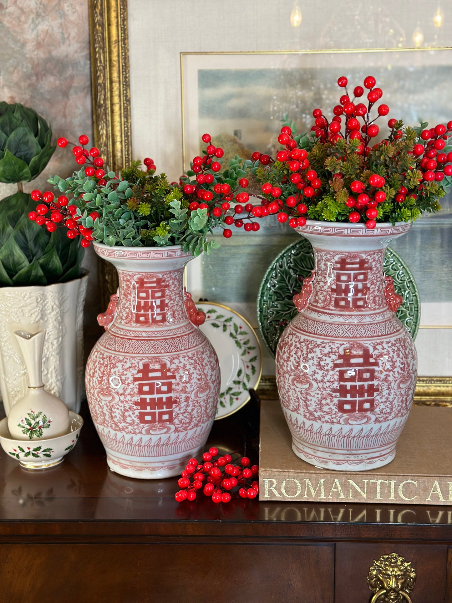 Hand painted Red/White Chinoiserie Double Happiness Vase & Ginger Jar (Sold Separate)