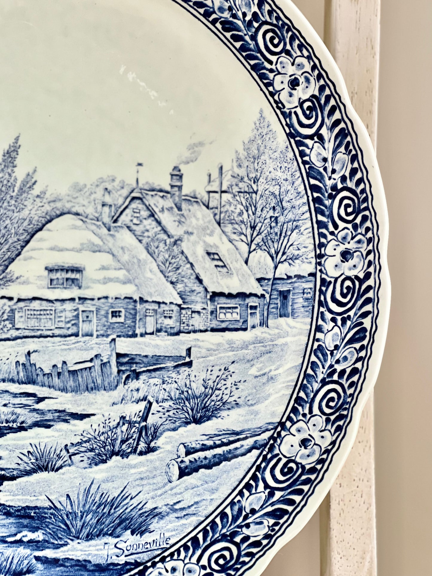 Large Vintage Delfts Boch Royal Sphinx 15” Blue & White Wall Charger, Wintry River Scene