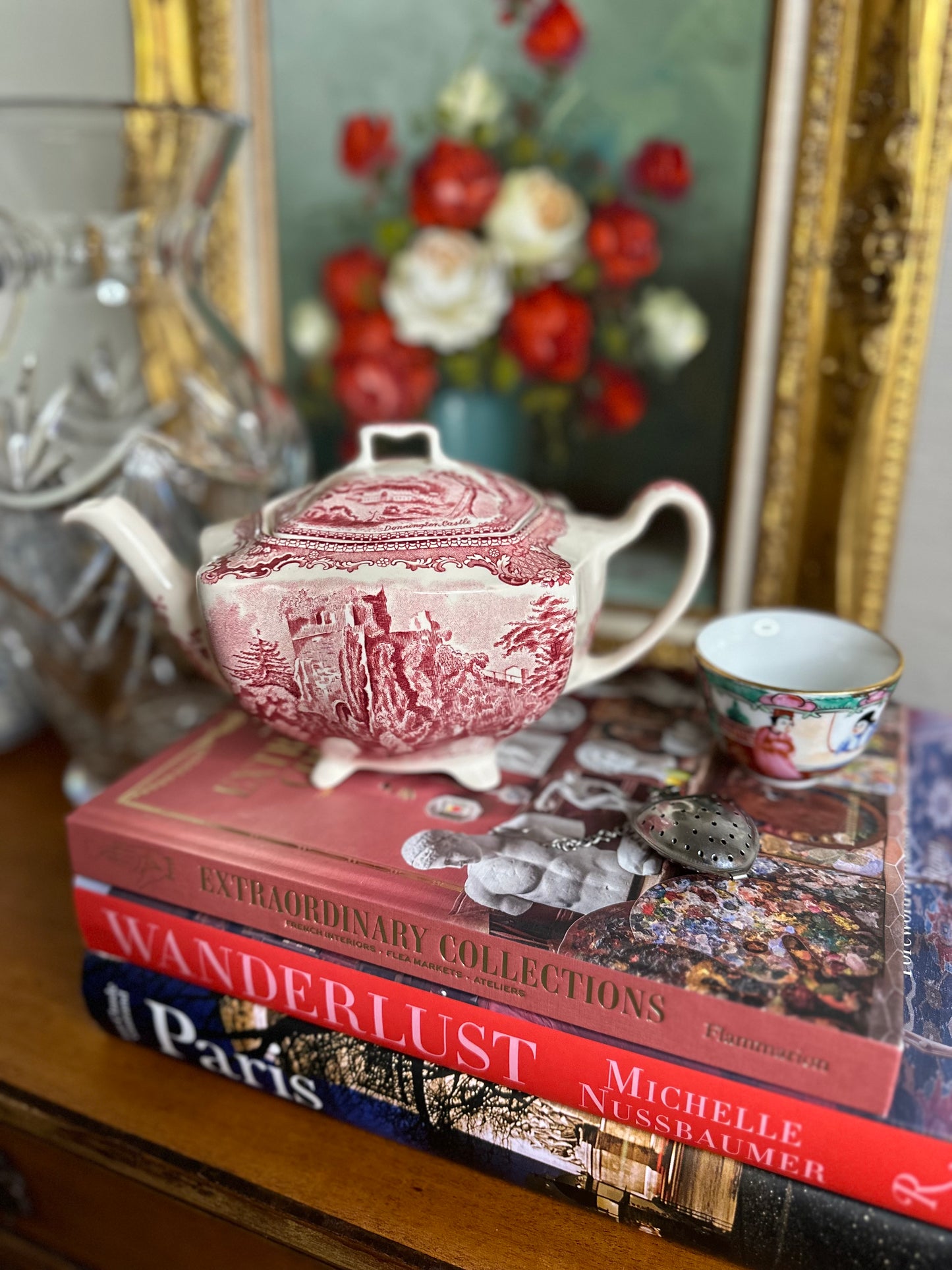 PRISTINE! Vintage Old Britain Castles Red/Pink Transferware Teapot by Johnson Brothers, ENGLAND