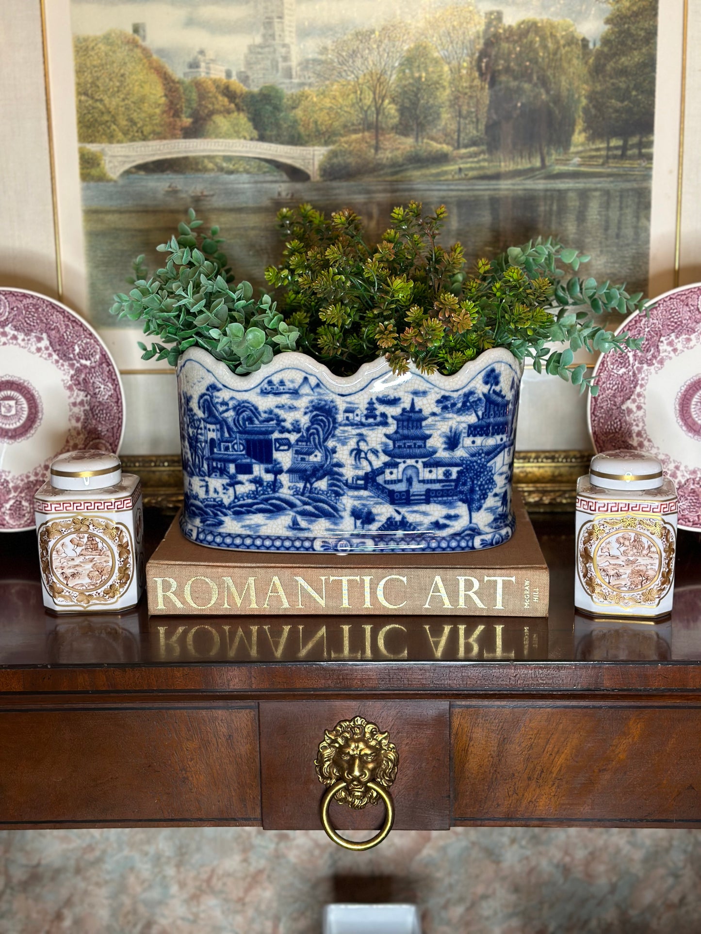 Blue & White Porcelain Pagoda Scalloped Basin, 12x8x7 - Pristine!