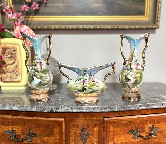 Mid Century Italian Hand Painted 3 Piece Porcelain Garniture