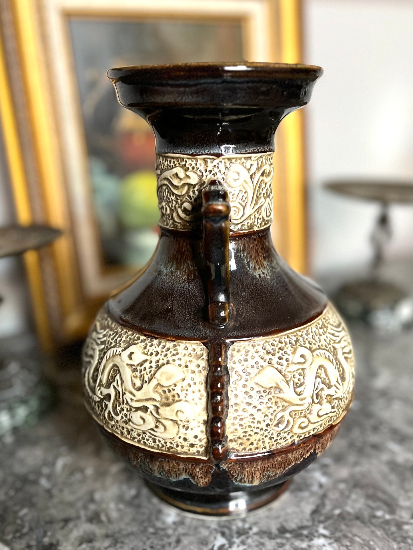 Gorgeous Vintage Chinese Carved Relief Dragon And Pearl Drip Glaze Vase