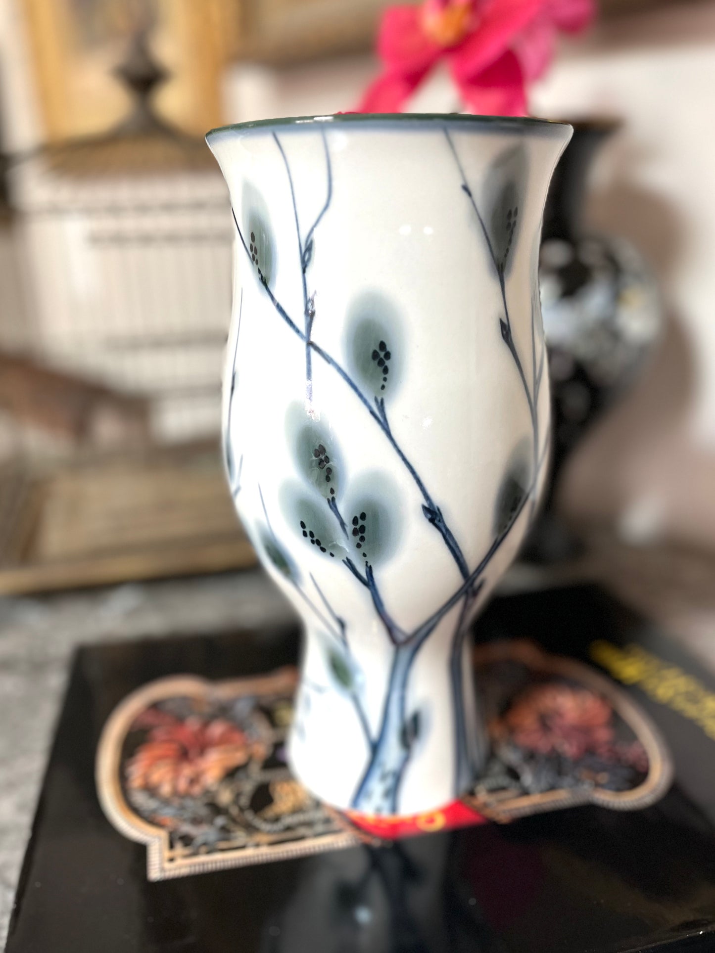 Graceful Vintage Blue and White Willow Porcelain Vase,  9 1/2”h x 5”w