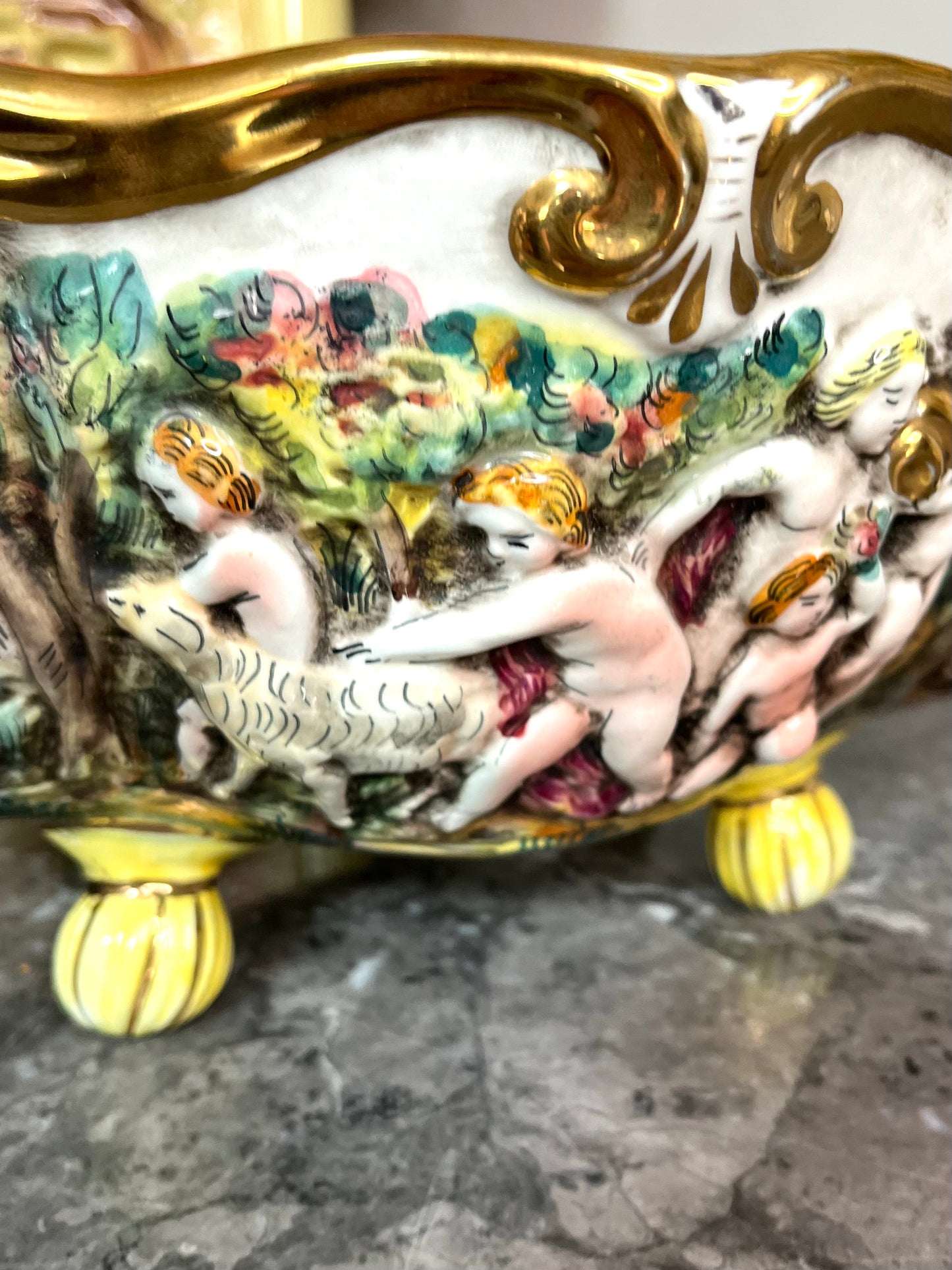 Beautiful Large Vintage Capodimonte Hand Painted Italian Planter With Relief Children and Lambs