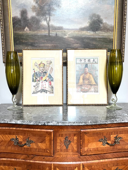 Gorgeous Rare Pair Of 19th Century Antique Silk Matted Color Engraving Plates From Vanity Fair, 19 3/4”h x 14 3/4 w