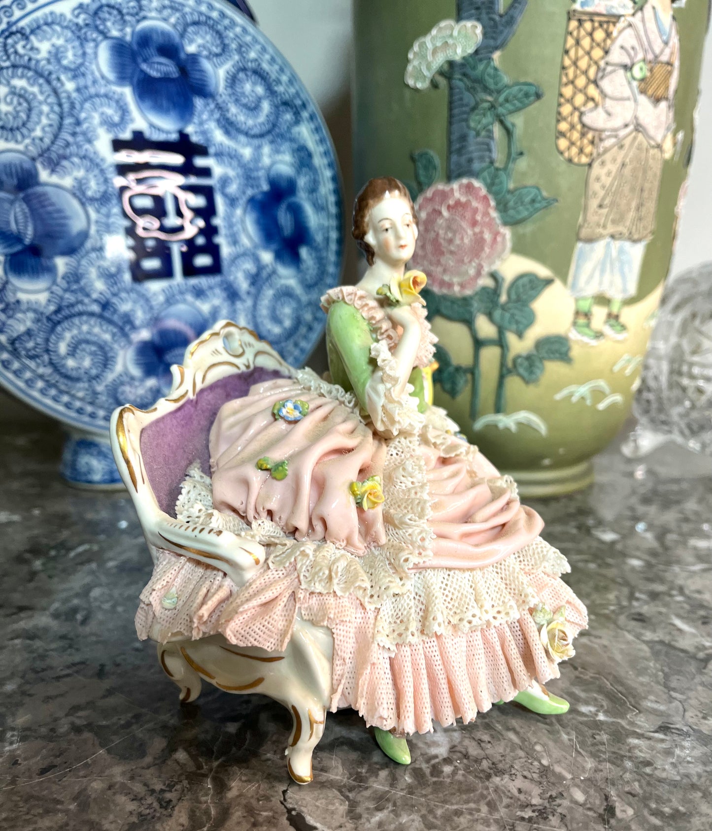 Beautiful Antique Dresden Lace Porcelain Lady With Pillow Figurine - Victorian