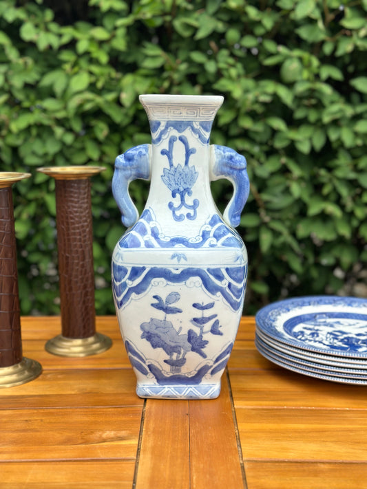 Blue & White, 13” Tall Vase, Foo Handles - Pristine!