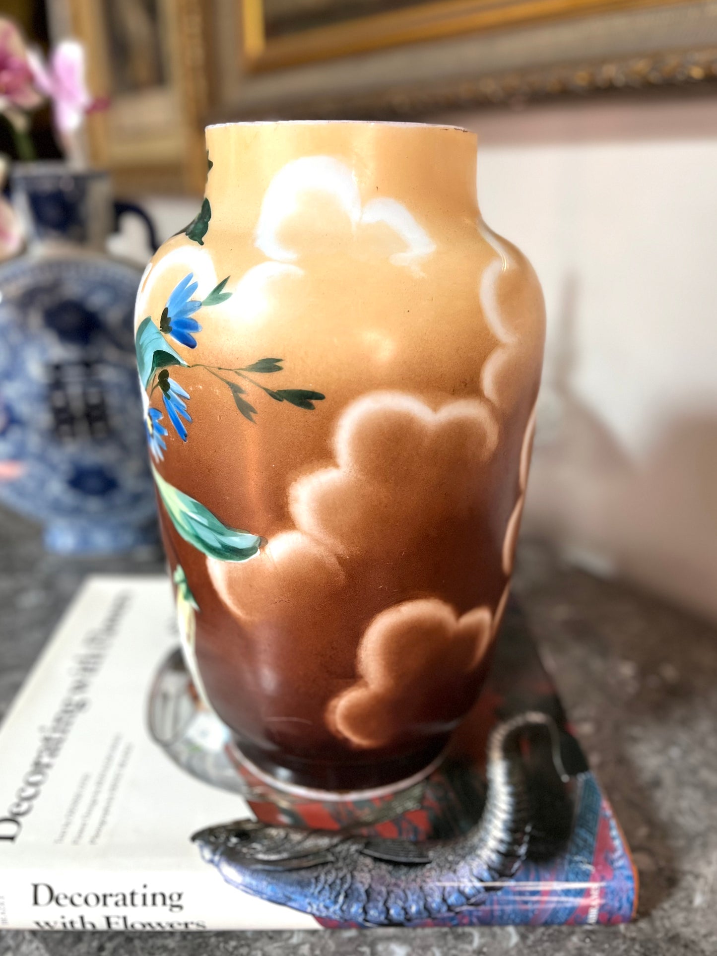 Stunning English Victorian Hand Painted Opaline Glass Hand Blown Vase - Late 1800’s