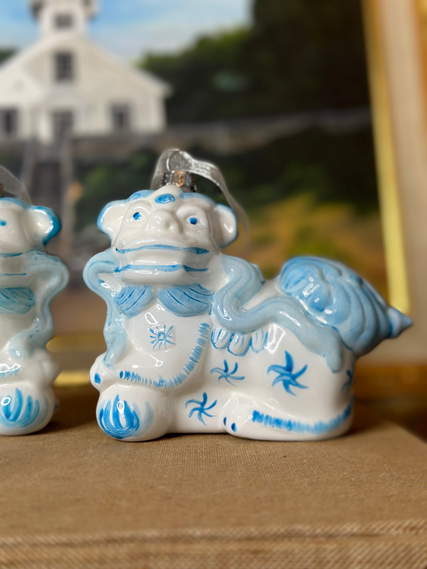 Glass Foo Dog Ornament Pair (Left & Right) Blue & White