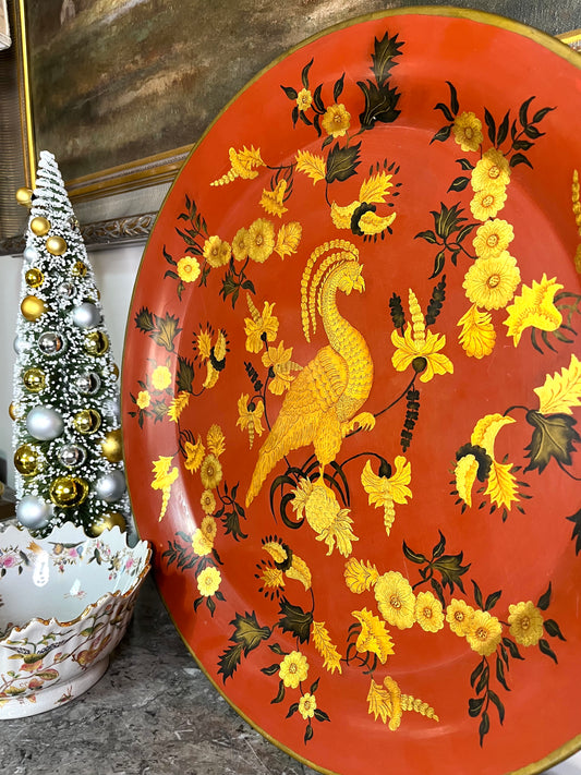 Exquisitely Hand Painted Large Gilded Vintage Phoenix Round Tole Tray